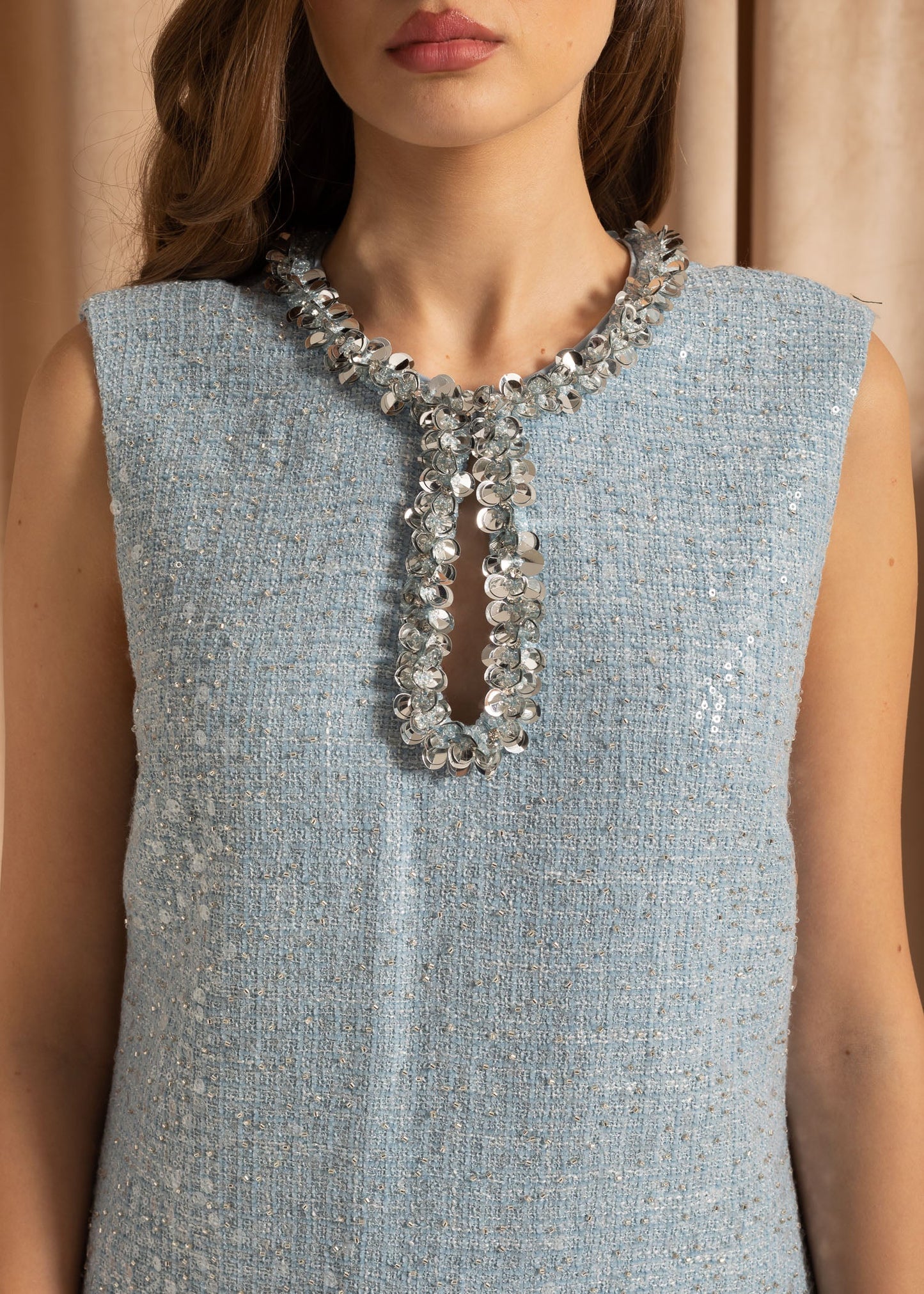 Textured Mini Dress With Silver Sequin Collar Detailing - Blue