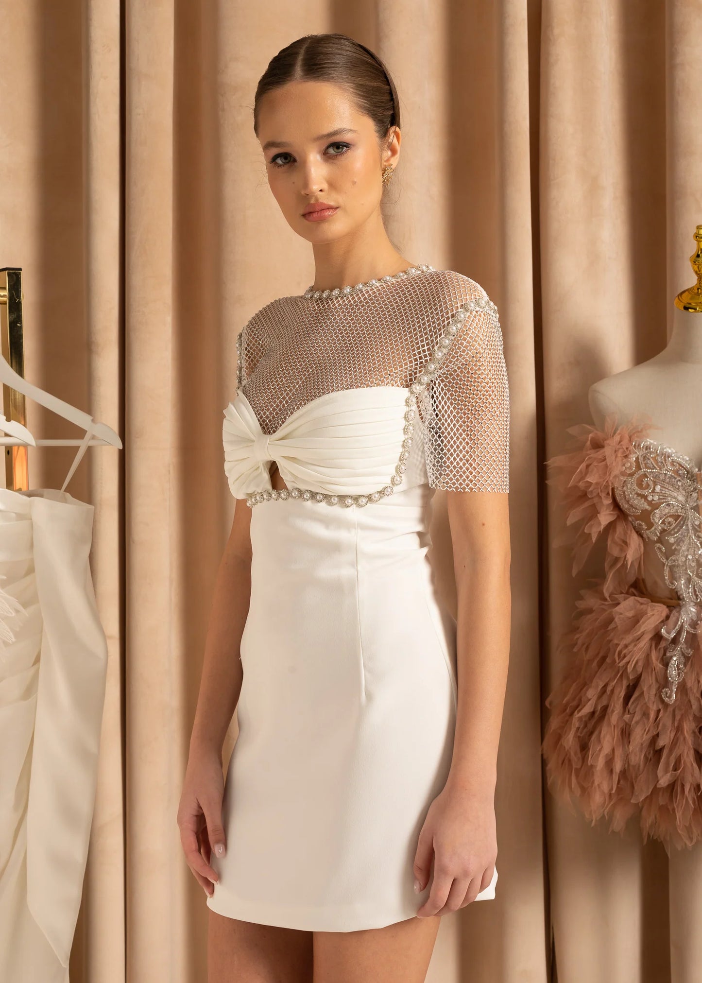 Elegant Mini Dress With Mesh And Pearl Accents - White