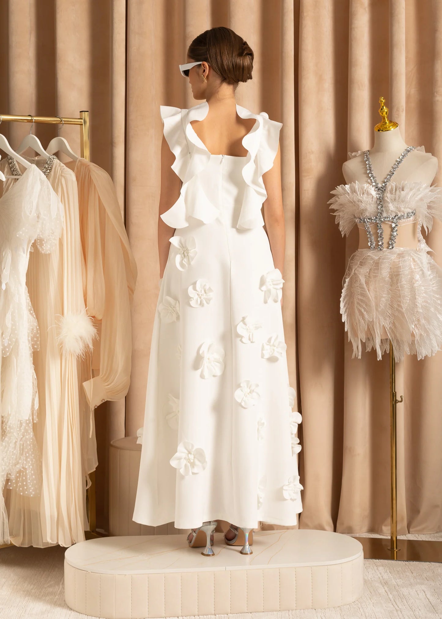 Elegant Gown With Ruffled Shoulder Straps And 3D Flowers Skirt - White