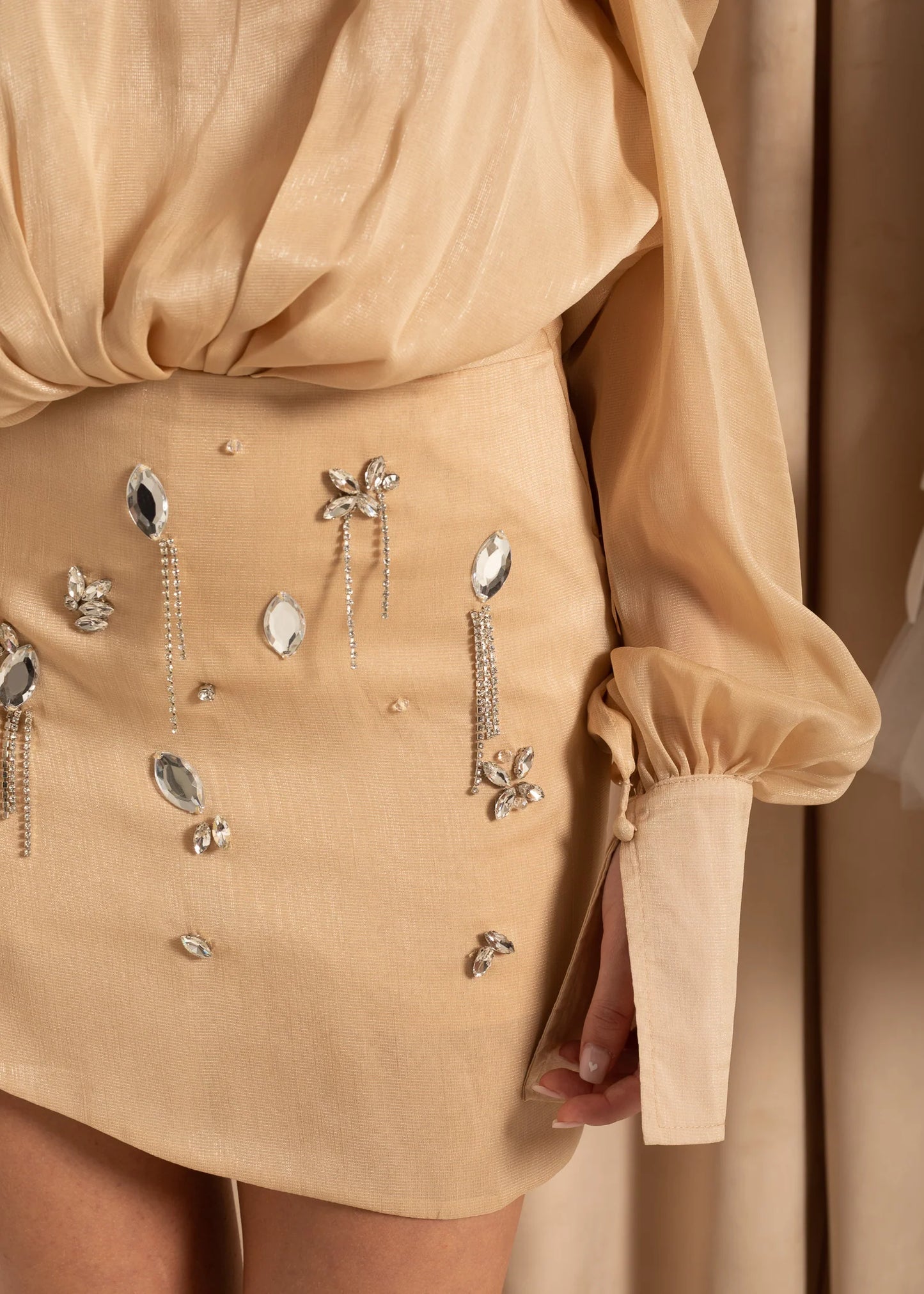 Off-Shoulder Mini Dress With Sparkling Skirt Embellishments - Beige