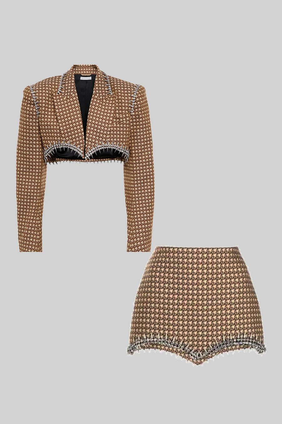 Elegant Houndstooth 2 Piece Set With Metal Spikes Detailing - Brown And Beige