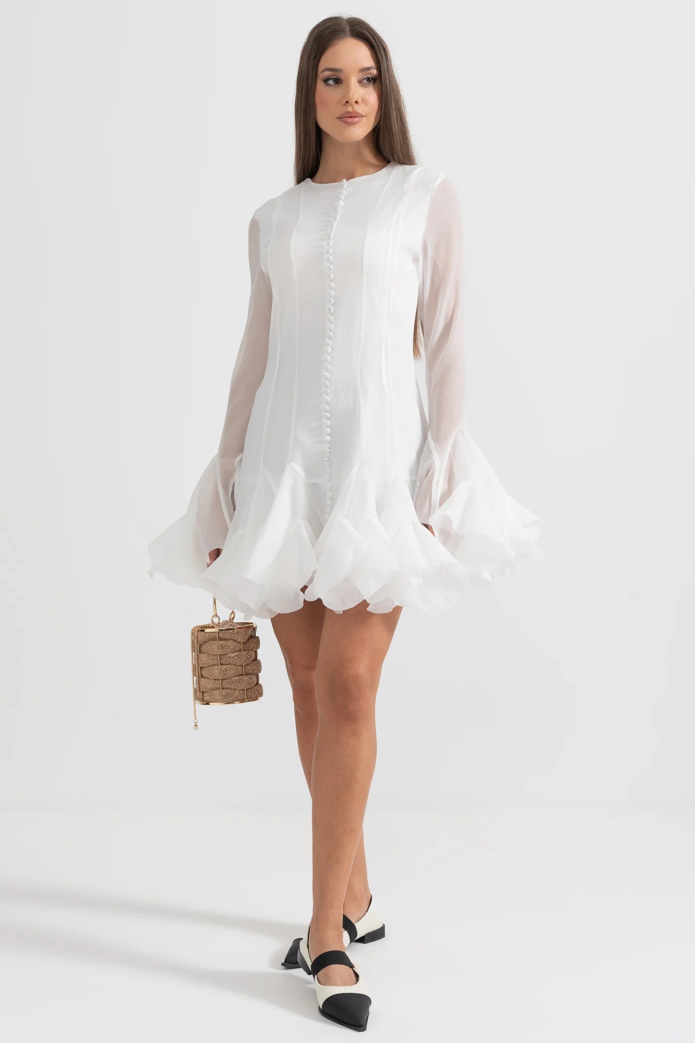 Chic Mini Dress With See-Through Sleeves And Flared Hemline - White