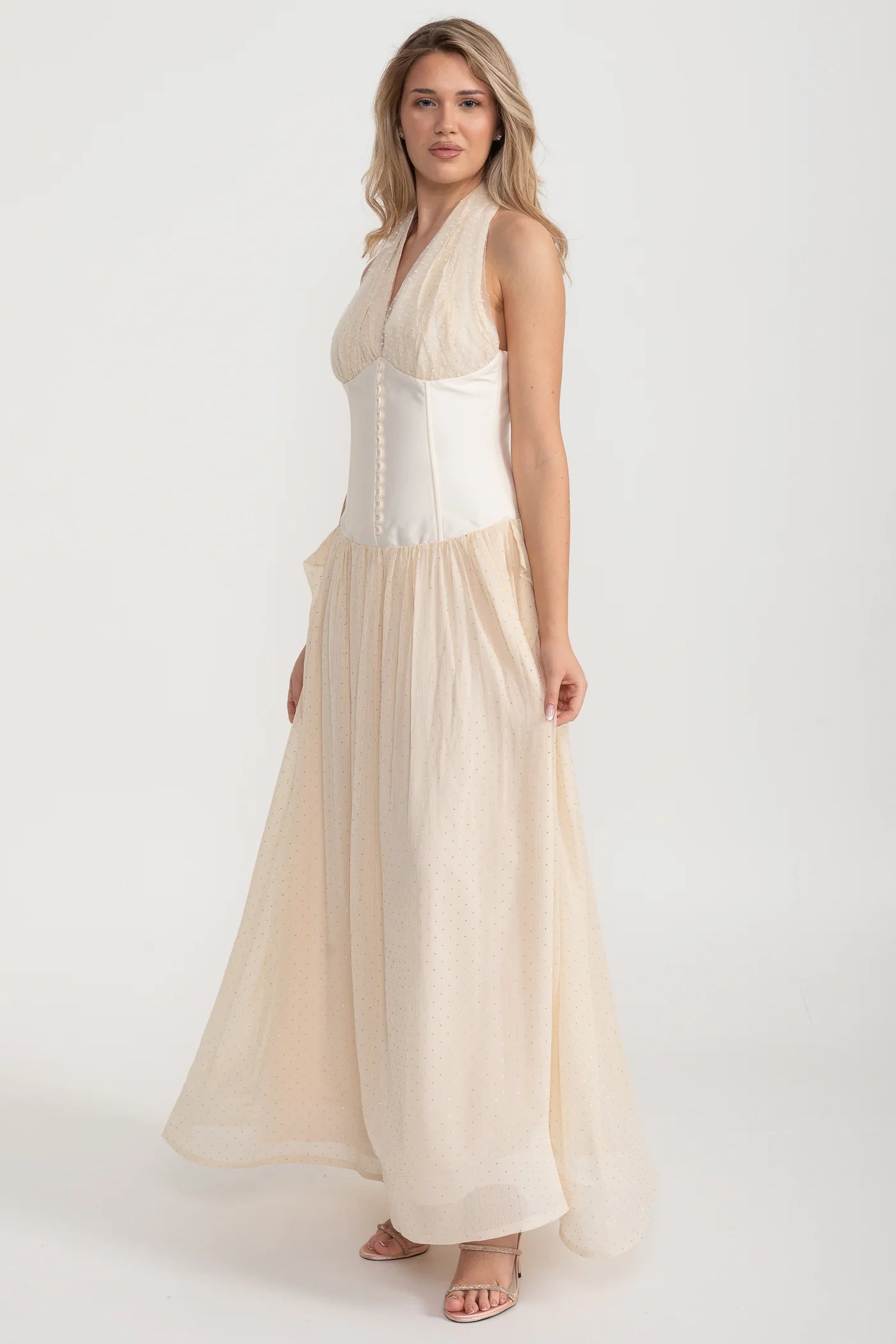 Halter Maxi Dress with Corset Bodice and Tulle Skirt - Ivoire