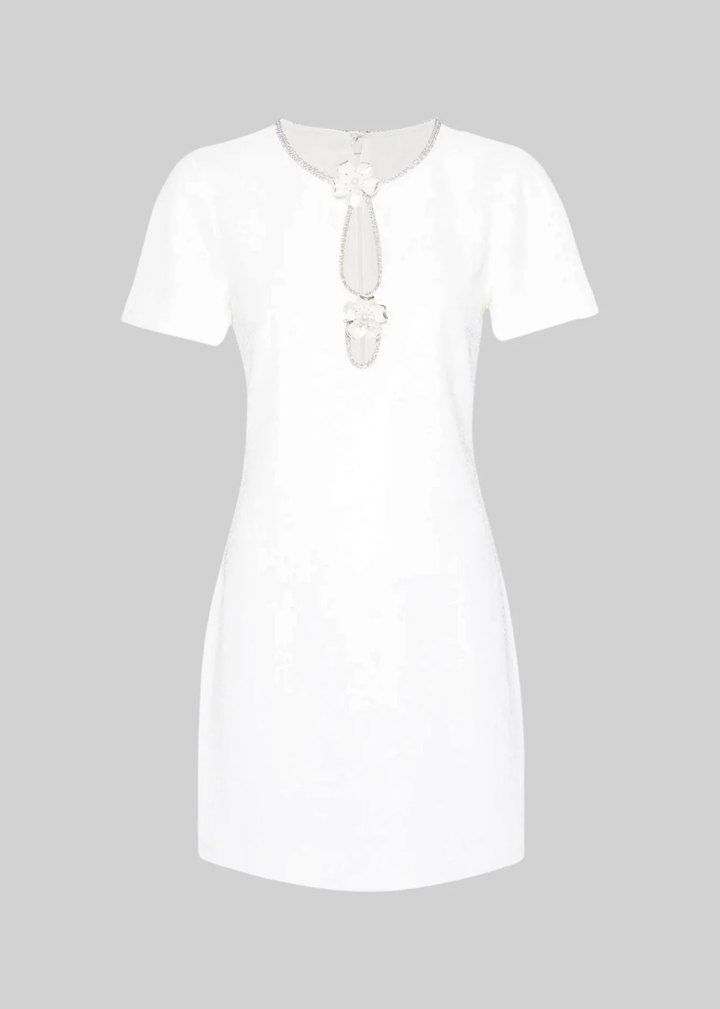 Short Sleeves Sequin Textured Mini Dress With Sparkling Neckline - White