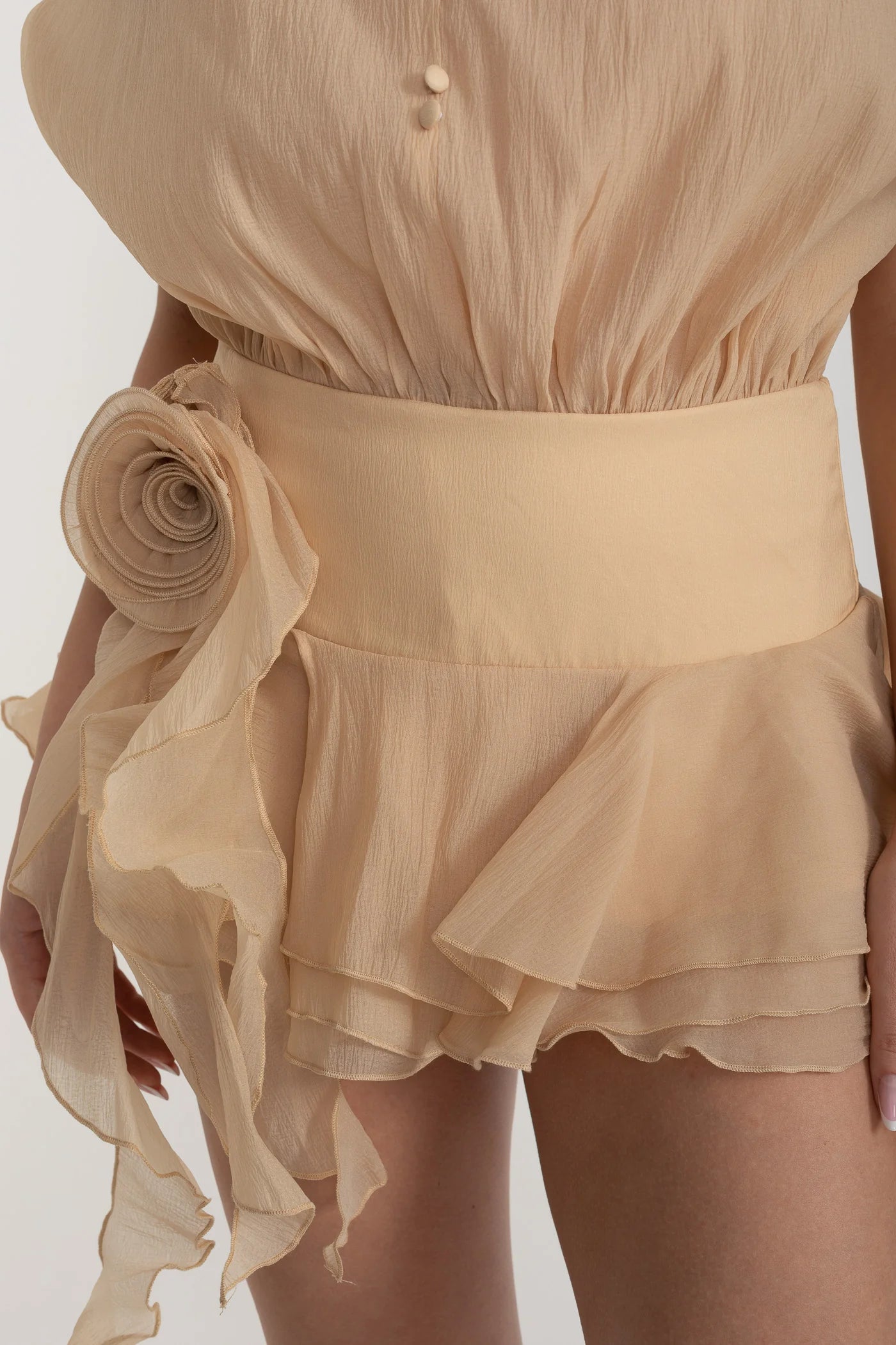 Off-Shoulder Ruffled Romper with Rosette Waist Detail - Beige