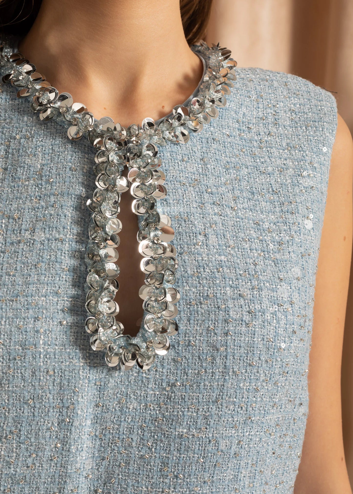 Textured Mini Dress With Silver Sequin Collar Detailing - Blue