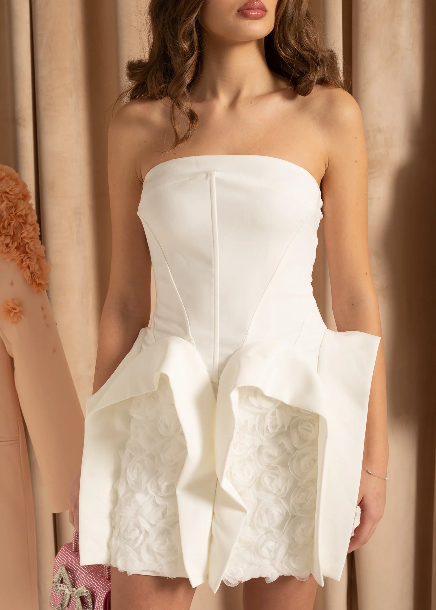 Mini Dress With 3D Floral Arches - White