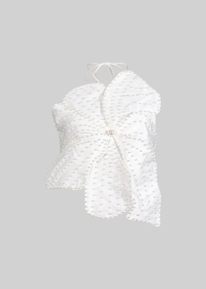 Floral Top With Pearl Accents - White