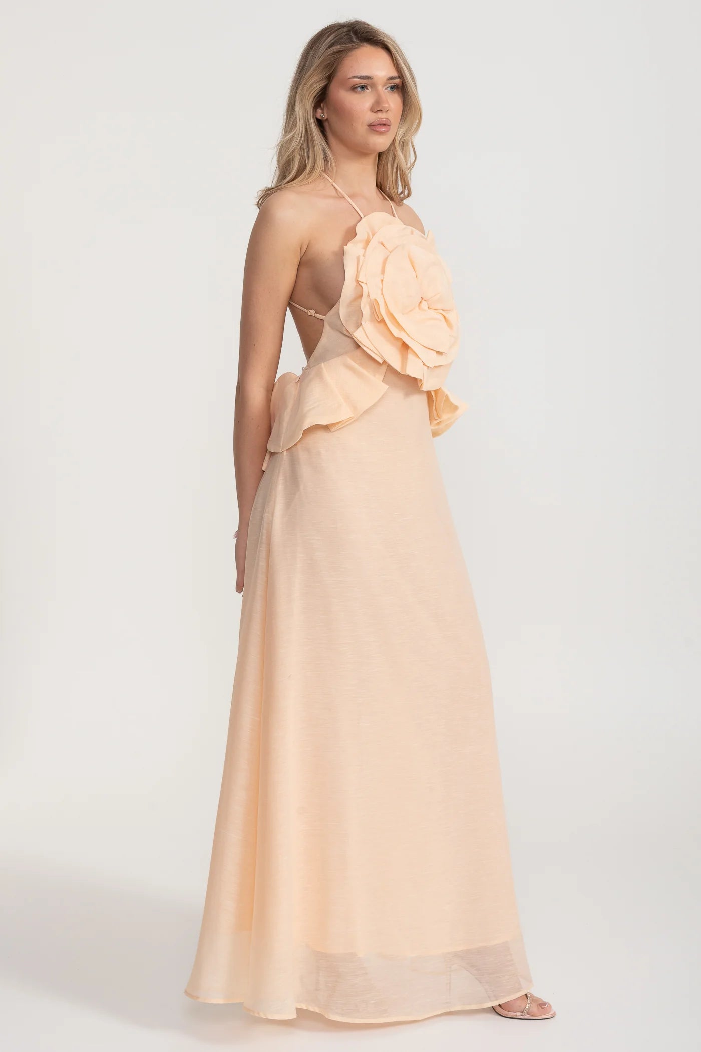Halterneck Maxi Dress with Oversized Rosette – Peach