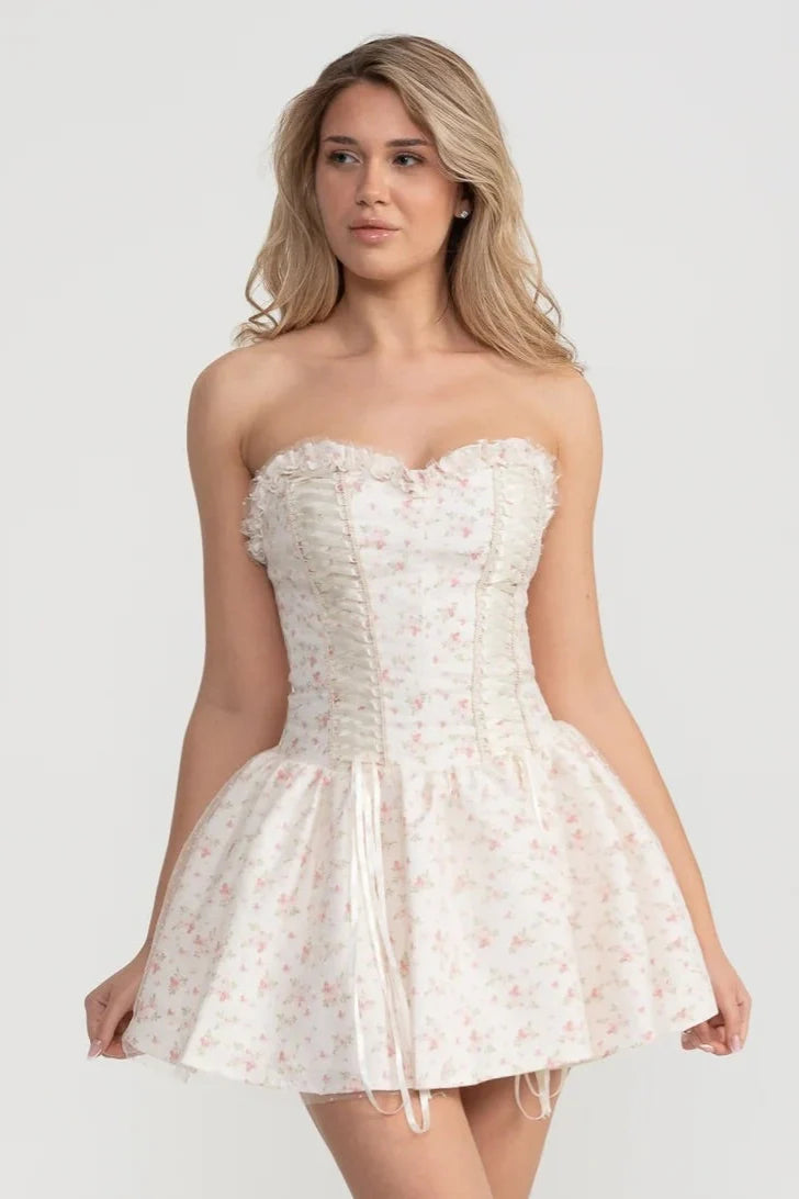 Strapless Mini Dress with Corset Lacing and Floral Print - White/Pink