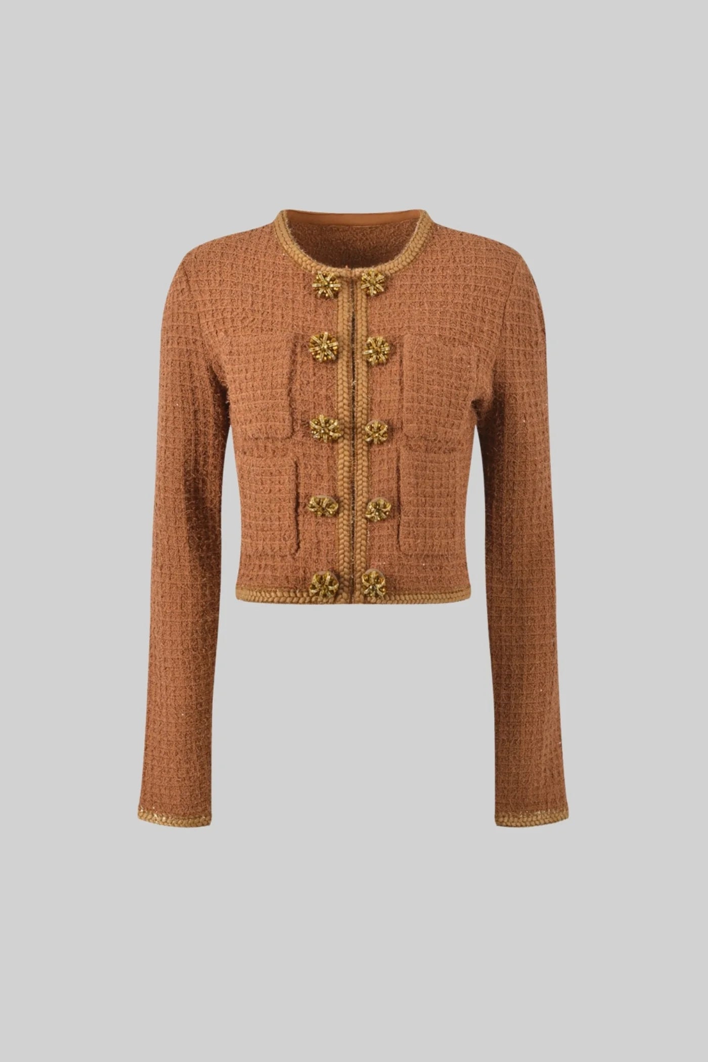 Knitted Two Piece Ensemble With Tweed Jacket and Skirt Set - Brown
