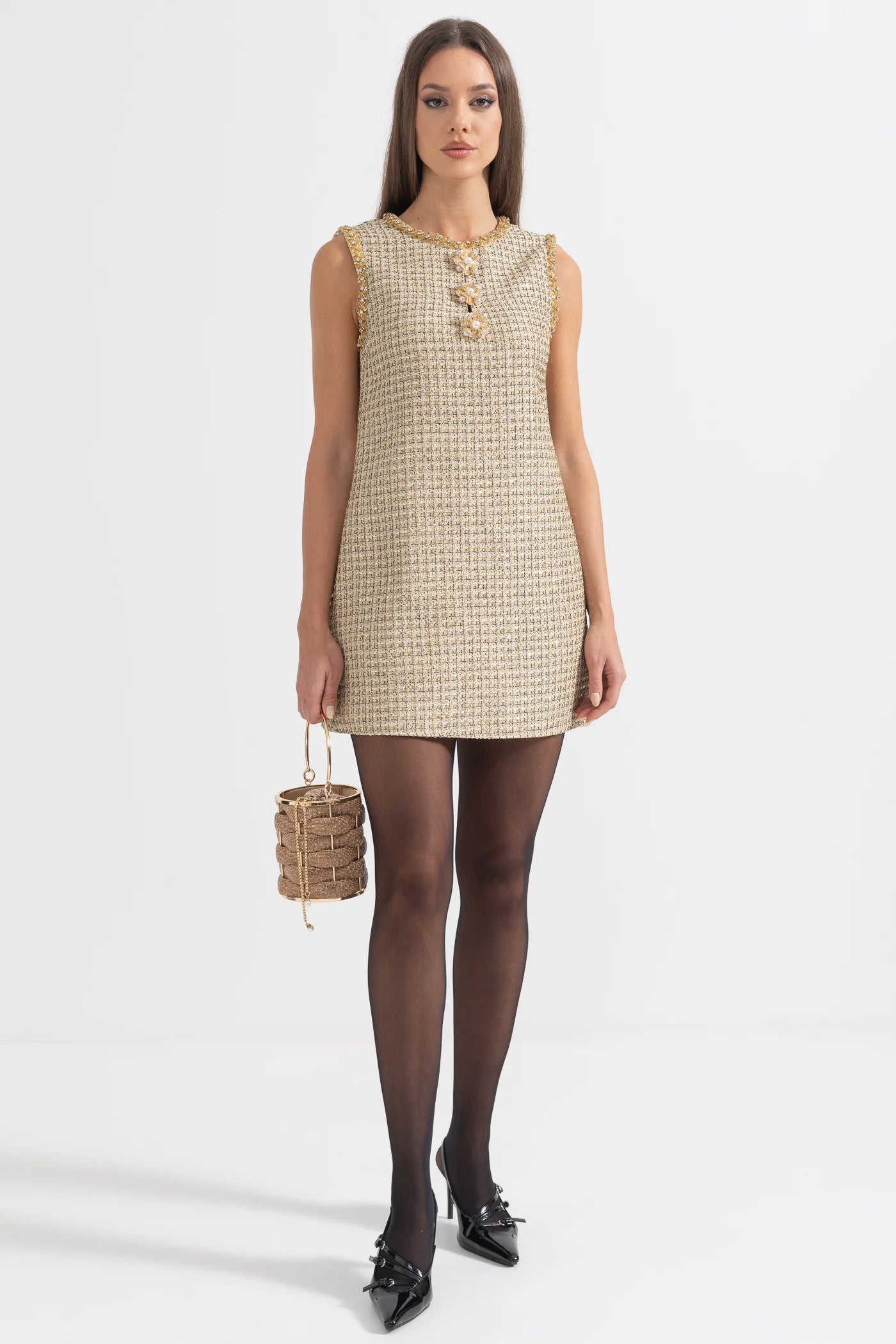 Textured Mini Dress With Golden Detailing And Buttons - Gold