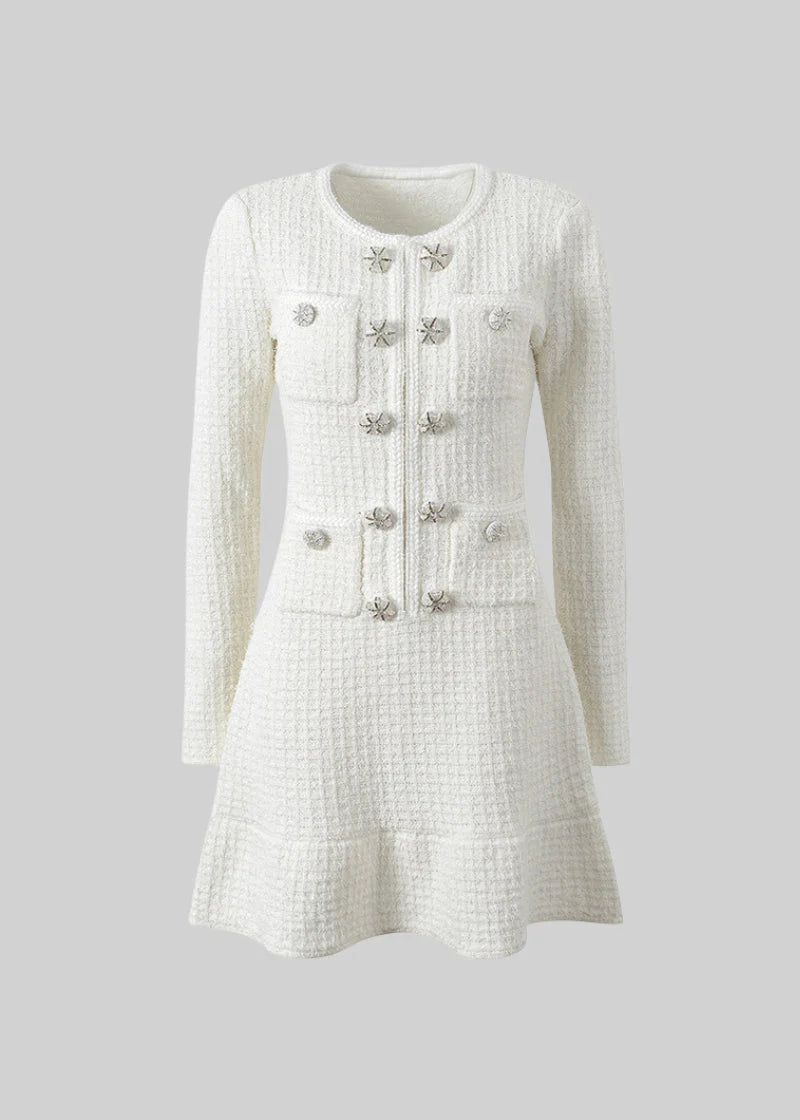 Long Sleeve Knee-Length Knitted Dress - White