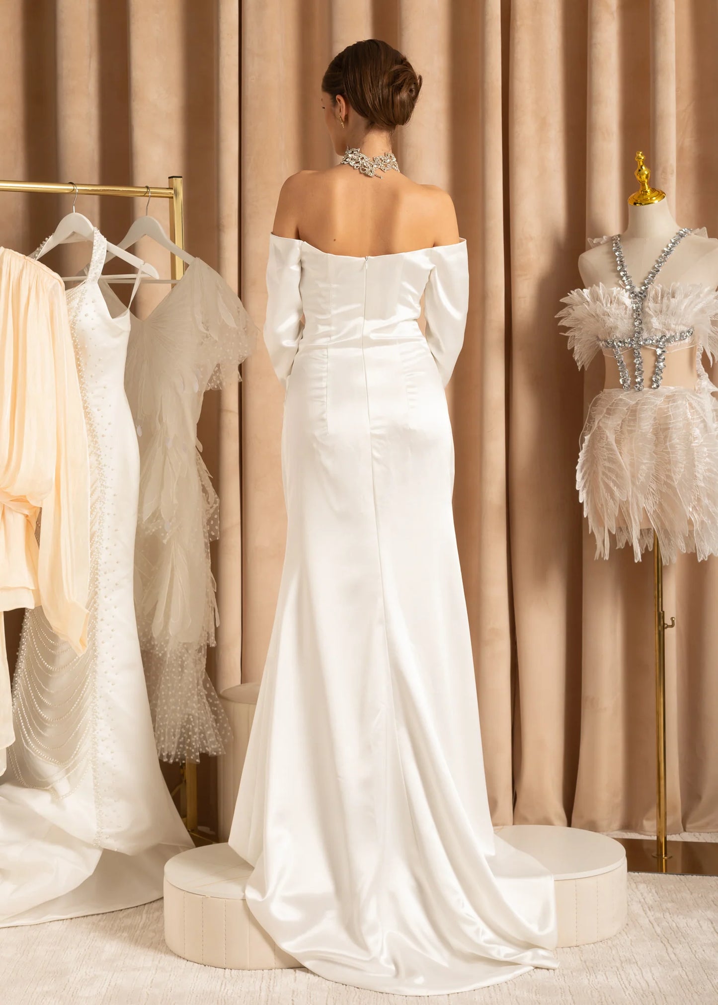 Ruched Off-Shoulder Satin Gown With Draped Maxi Skirt - White