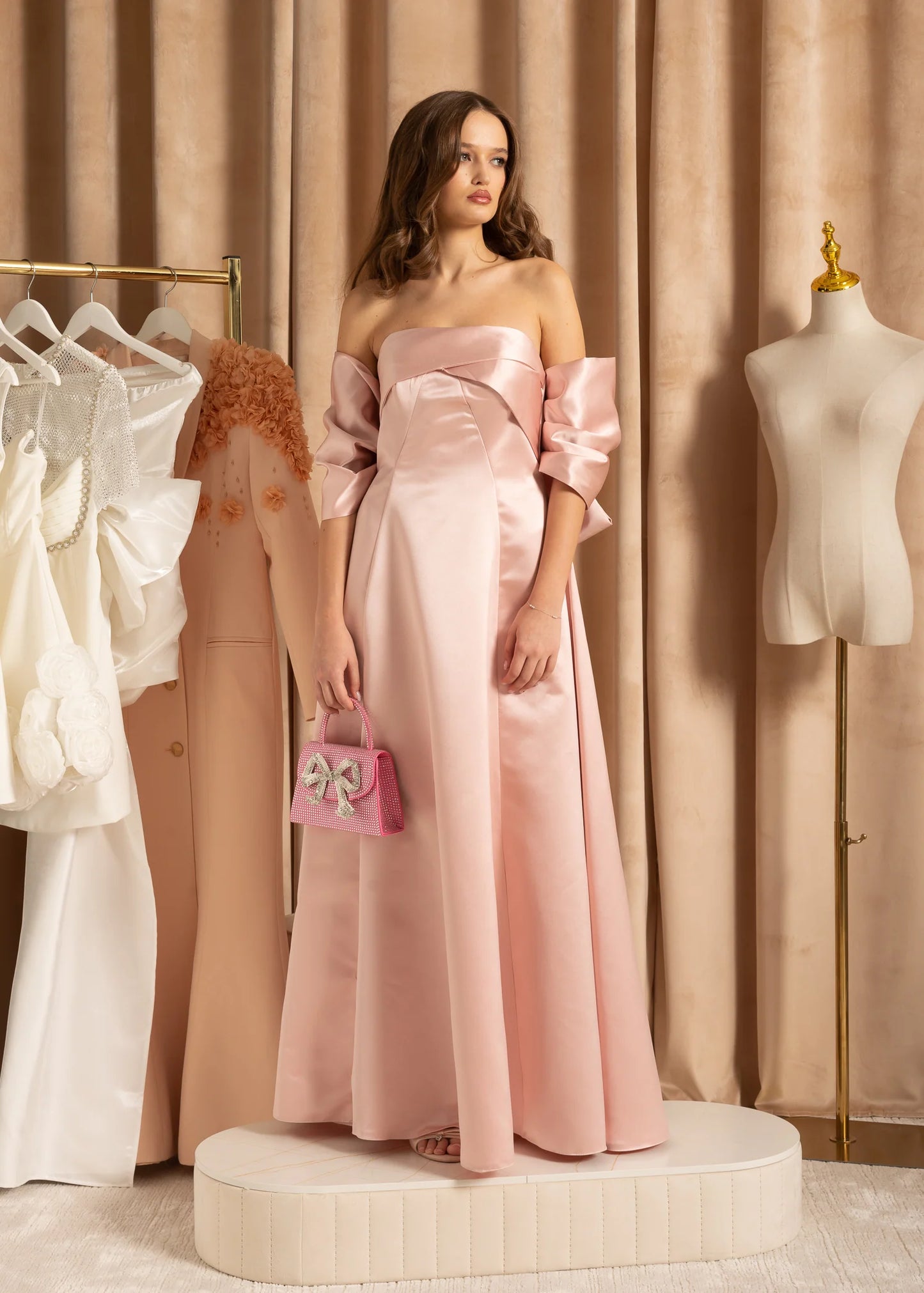 Elegant Satin Strapless Dress With Oversized Back Bow - Peach