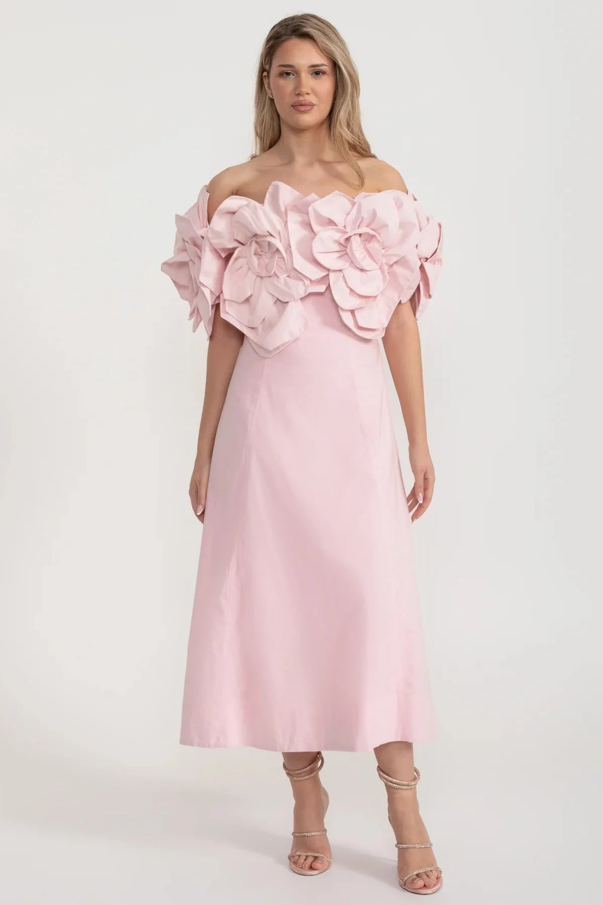 Off-Shoulder Midi Dress with Oversized Floral Appliqués - Pink