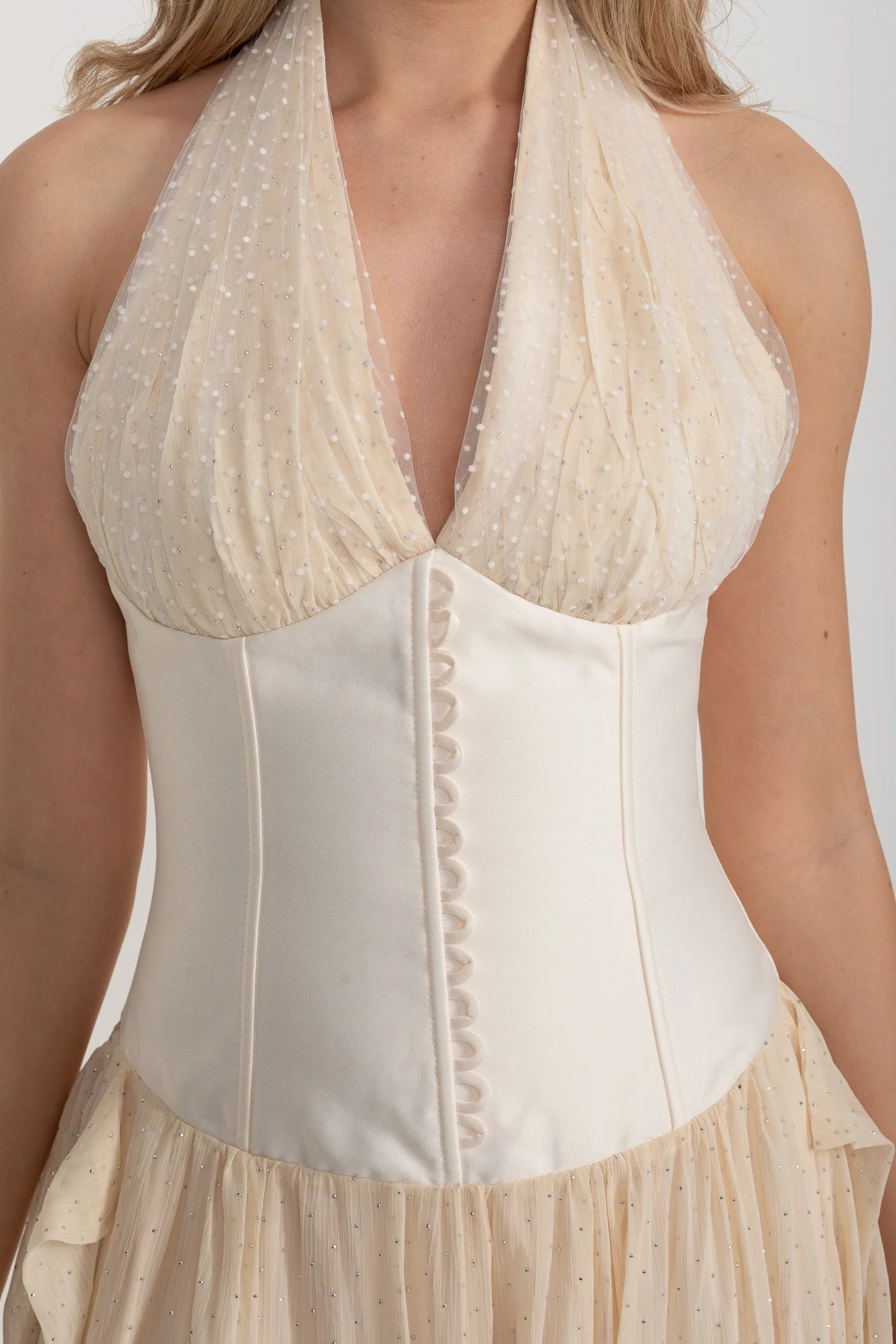 Halter Maxi Dress with Corset Bodice and Tulle Skirt - Ivoire