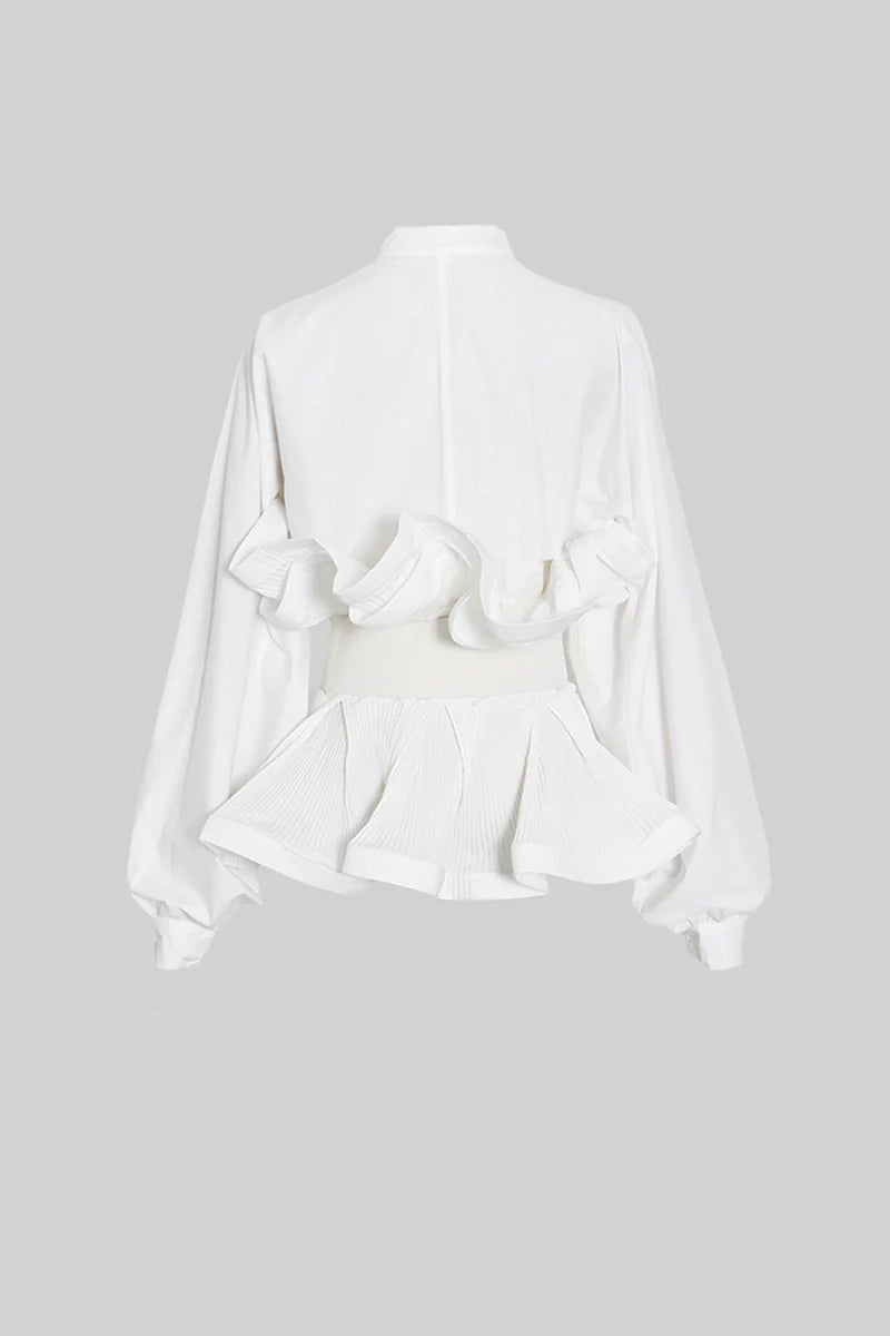 Ruffle Shirt with Oversized Belt And Flowing Sleeves - White