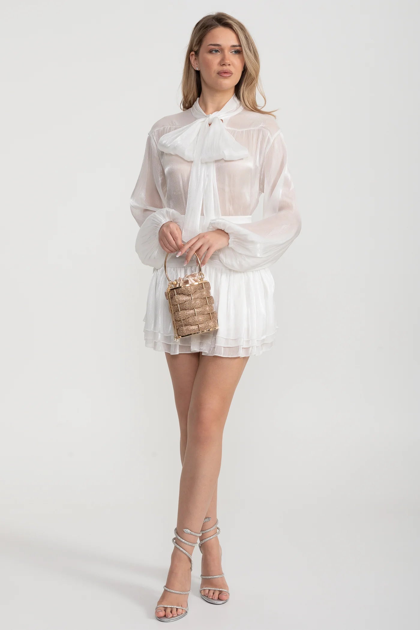 Sheer Bow Blouse And Layered Mini Skirt Set - White