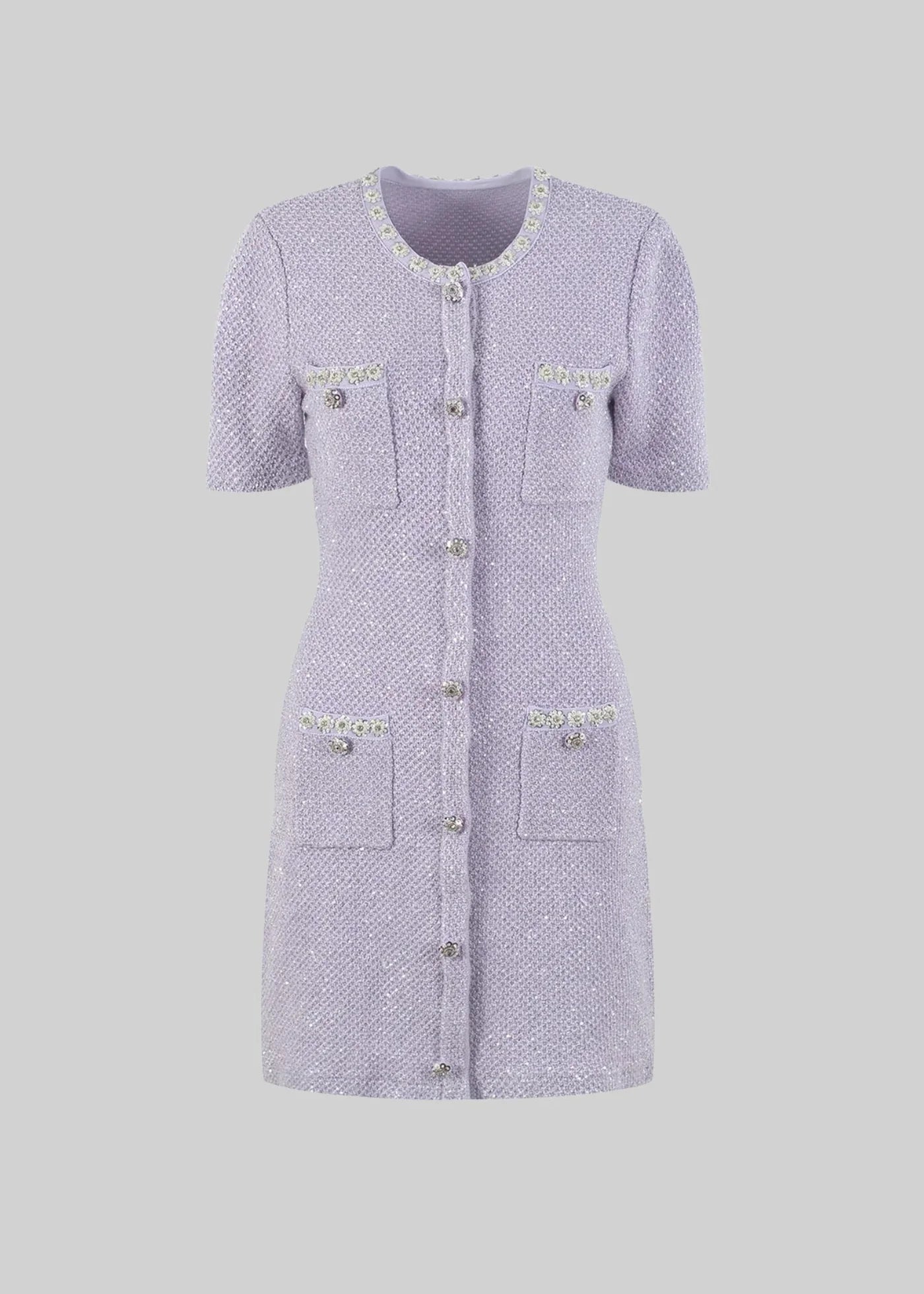 Textured Mini Dress With Silver Floral Detailing - Purple