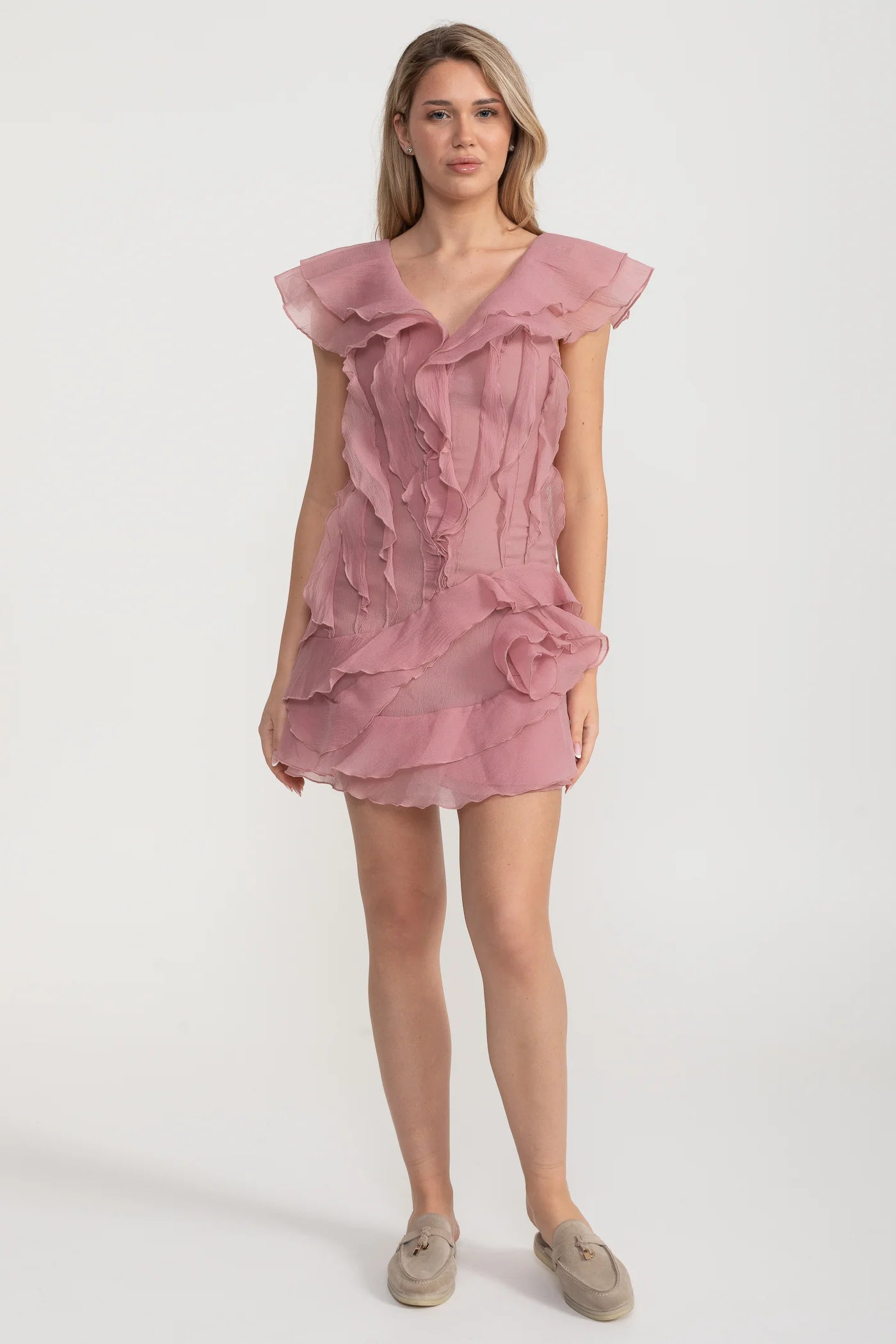 Mini Dress with Layered Ruffles and V-Neckline - Pink
