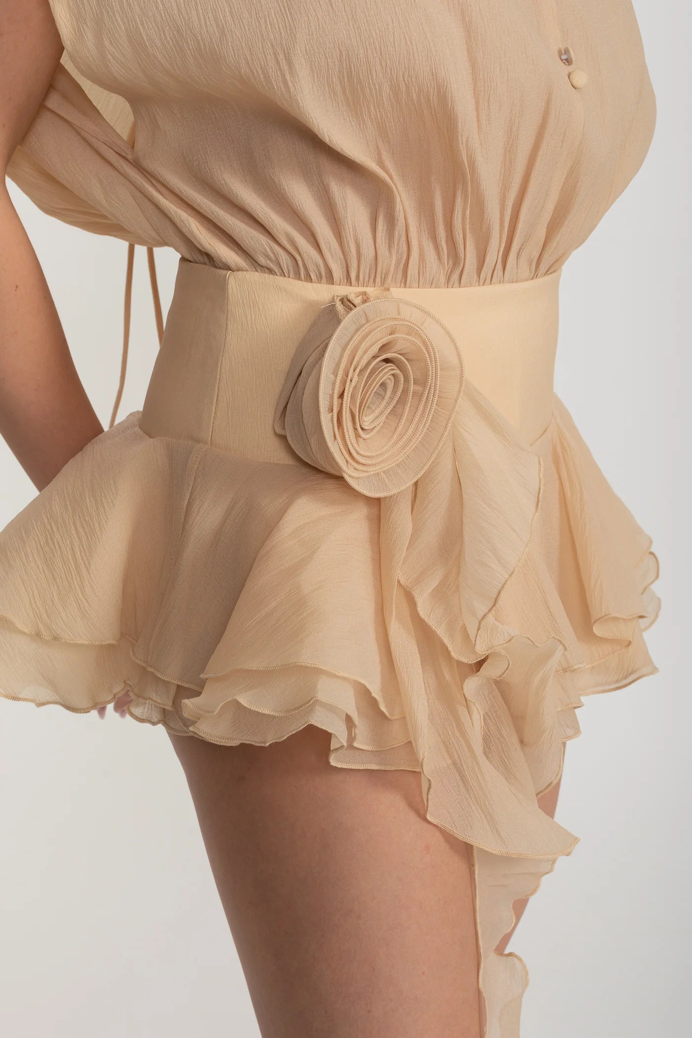 Off-Shoulder Ruffled Romper with Rosette Waist Detail - Beige
