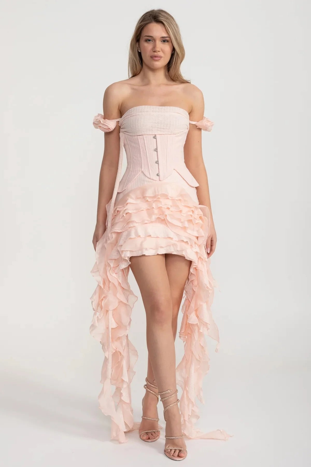 Corset High-Low Dress With Side Ruffles - Pink