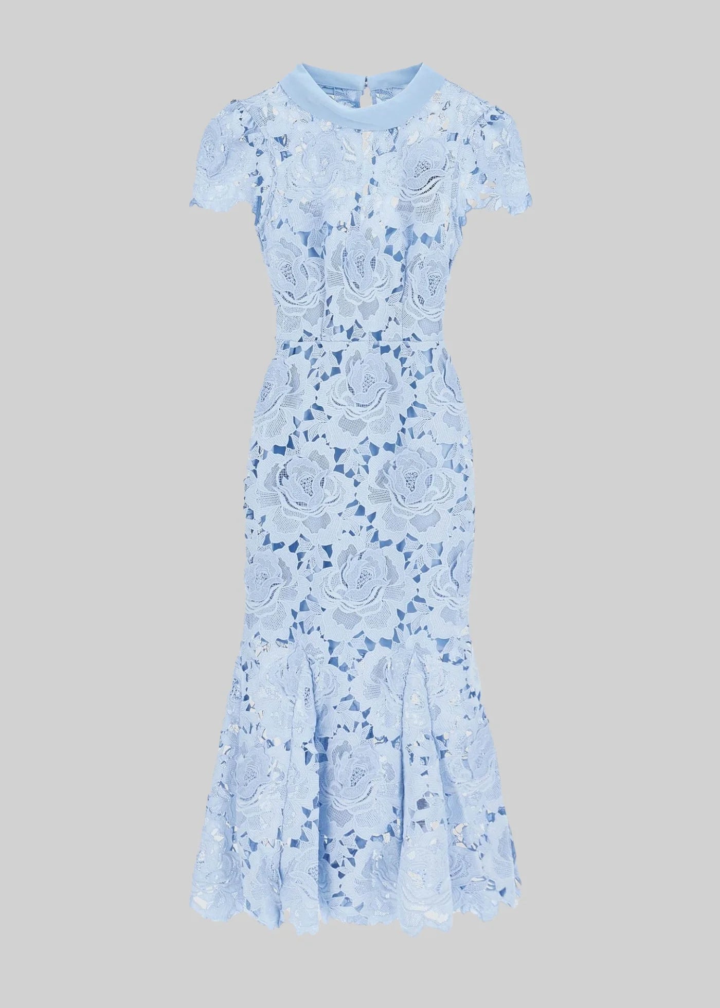High Collar Lace Midi Dress With Floral Pattern - Blue