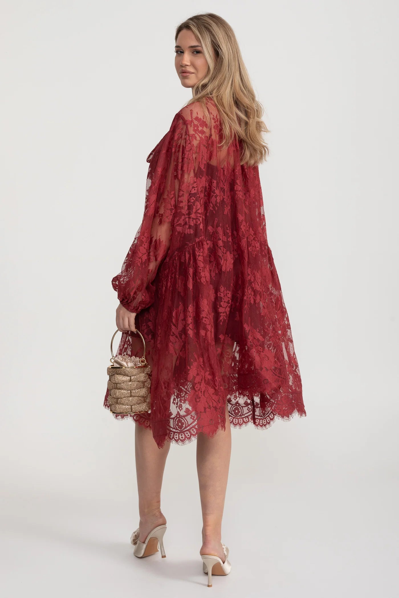 A-Line Lace Dress with Bow Tie Neck – Burgundy