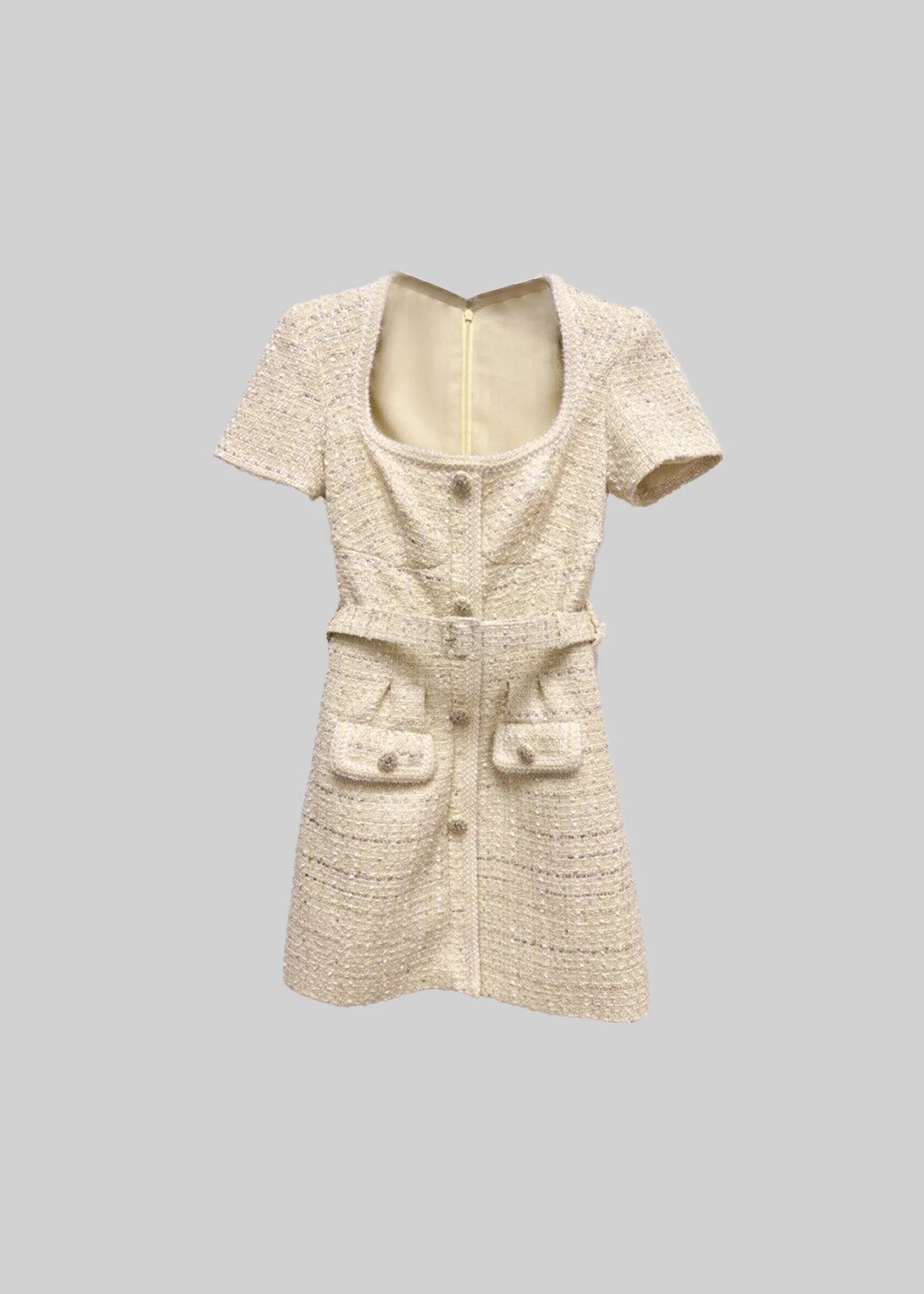 Textured Mini Dress With Floral Element And Matching Belt - Ivoire