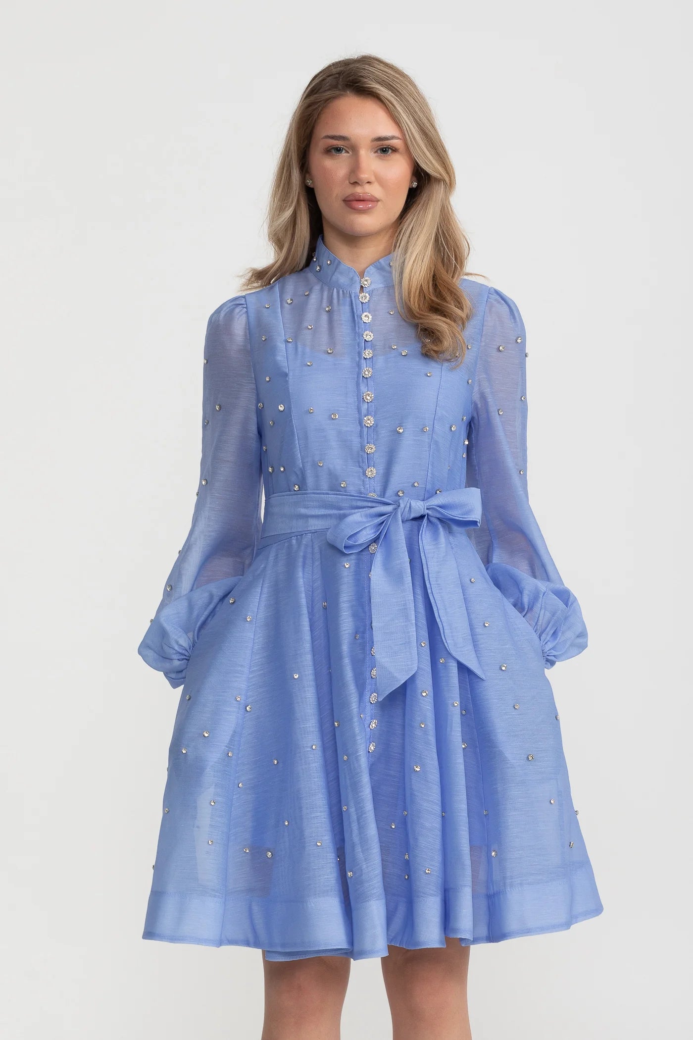 Long Sleeve Mini Dress with Crystal Embellishments - Blue