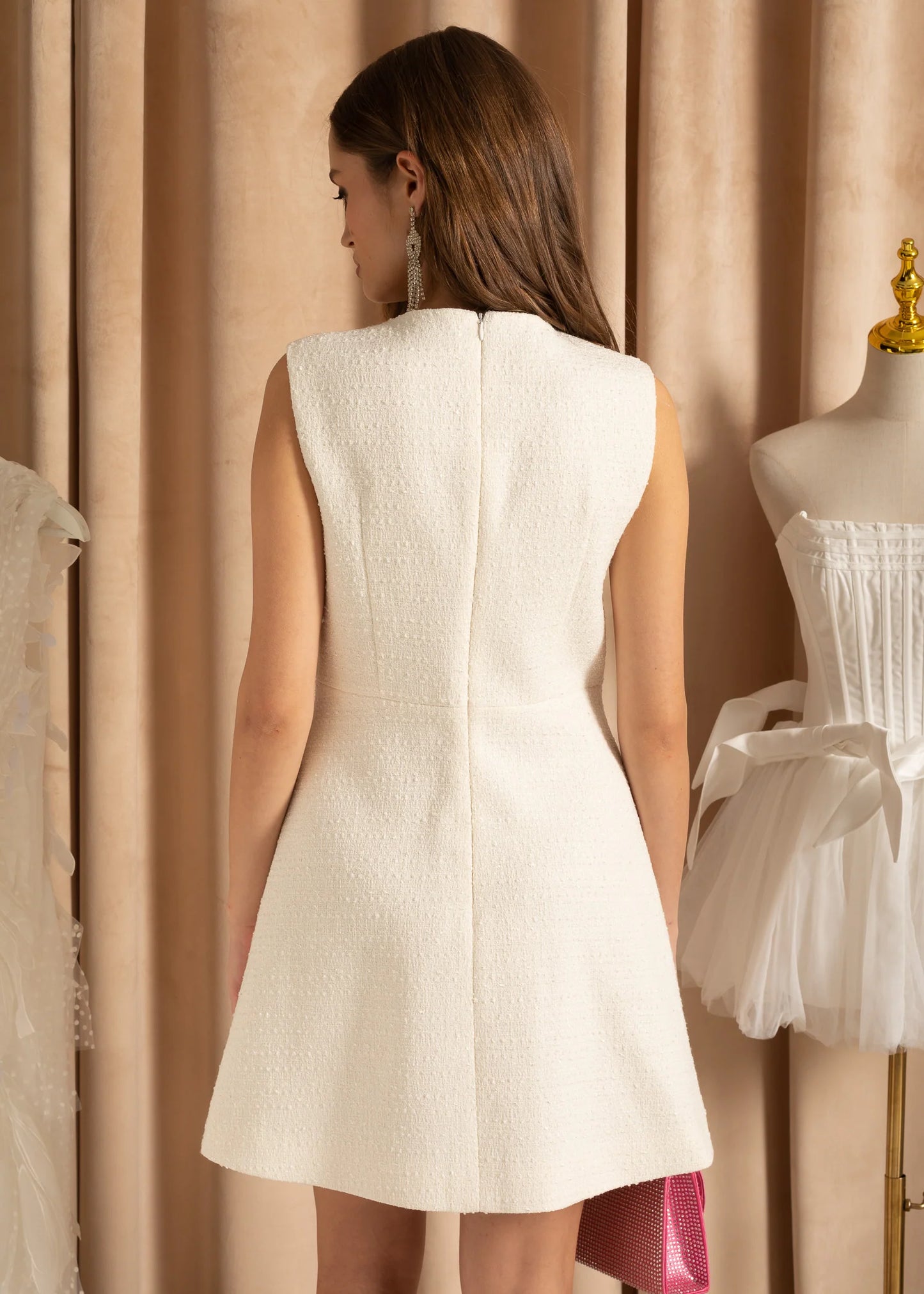 Textured Sleeveless Dress With Pearl Button Accents - White