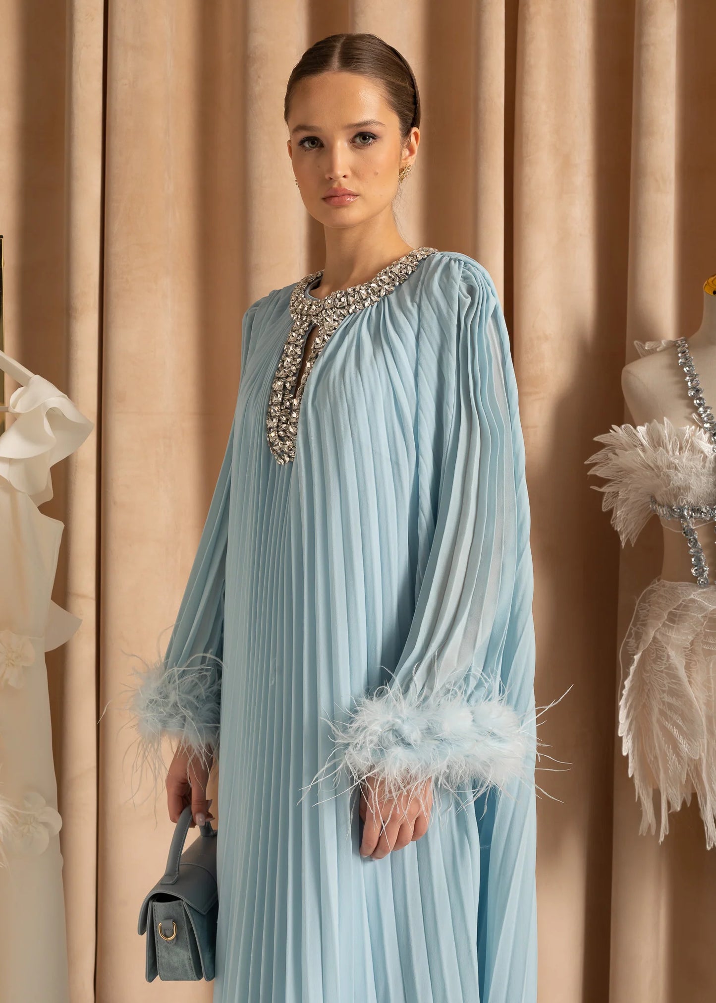 Elegant Ribbed Dress With Fluffy Cuffs And Sparkling Neckline Adornments - Baby Blue