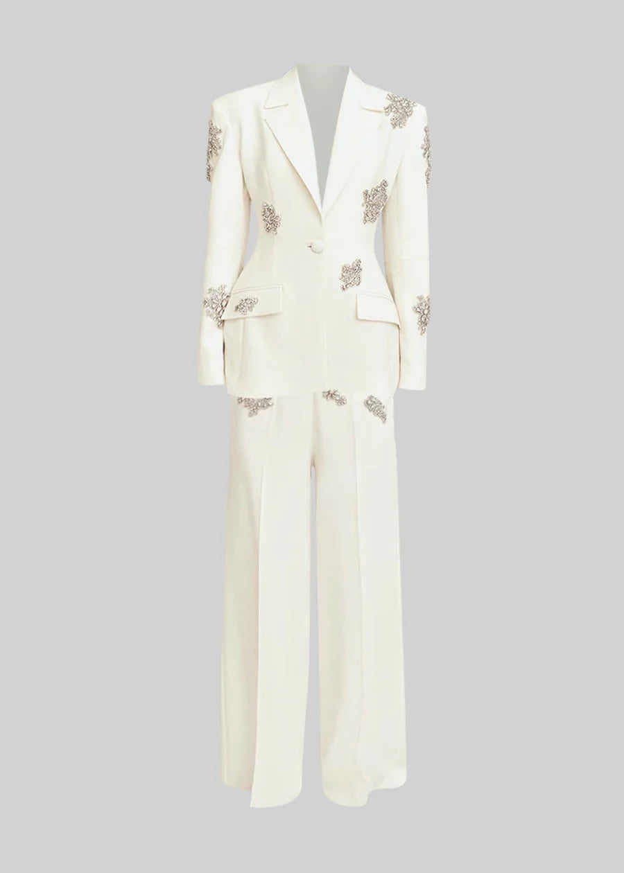 Pantsuit With Silver Floral Embellishments - White