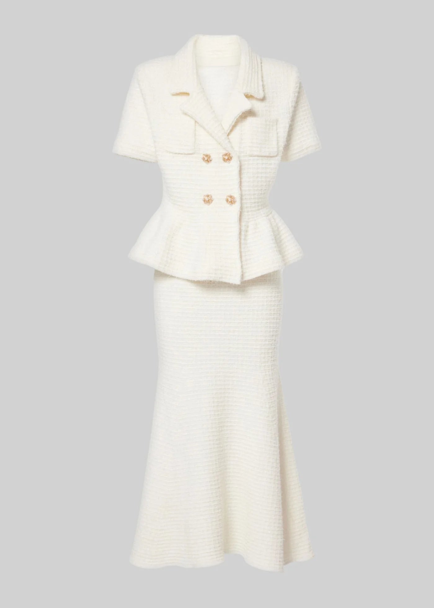 Knitted Midi Dress With Gold Buttons And Peplum Waist - White