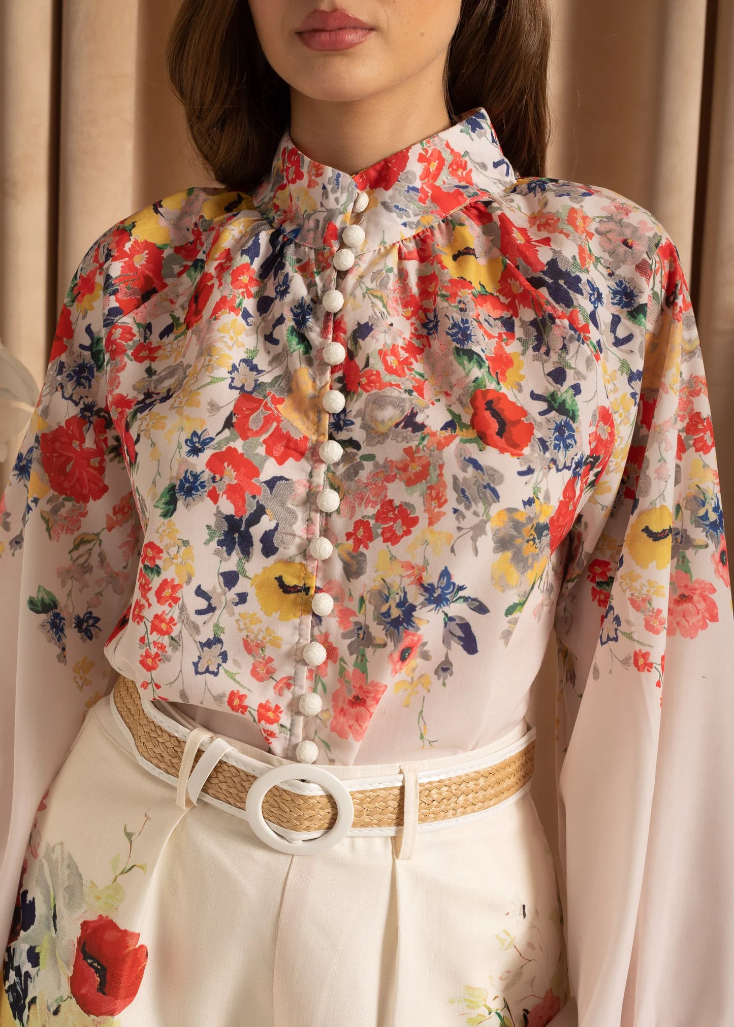 Floral Ensemble With Long Sleeves Shirt And Matching High-Waisted Shorts - White