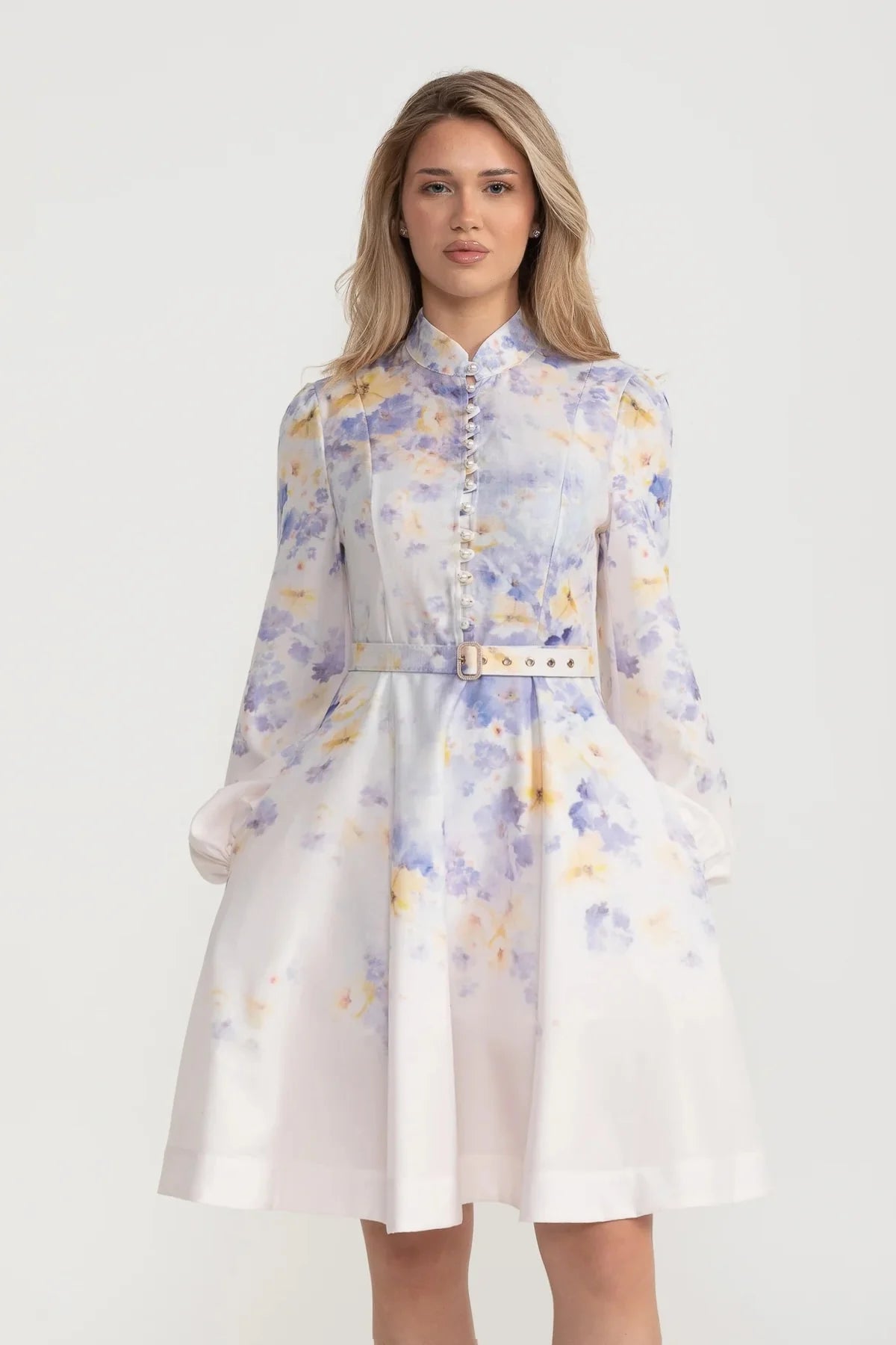 Watercolor Floral Belted Mini Dress with Mandarin Collar – Pastel Blue