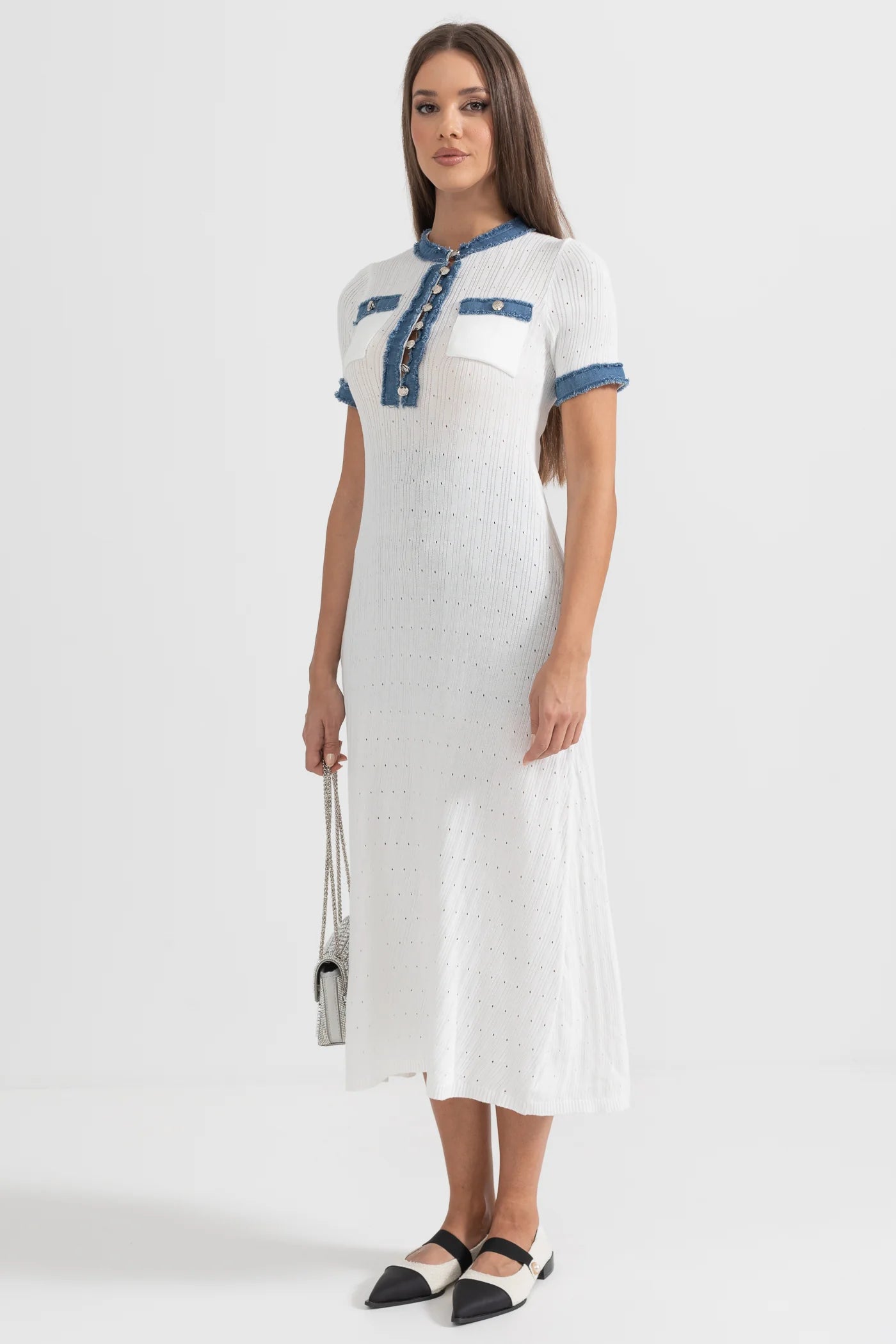 Textured Knit Midi Dress With Blue Details - White