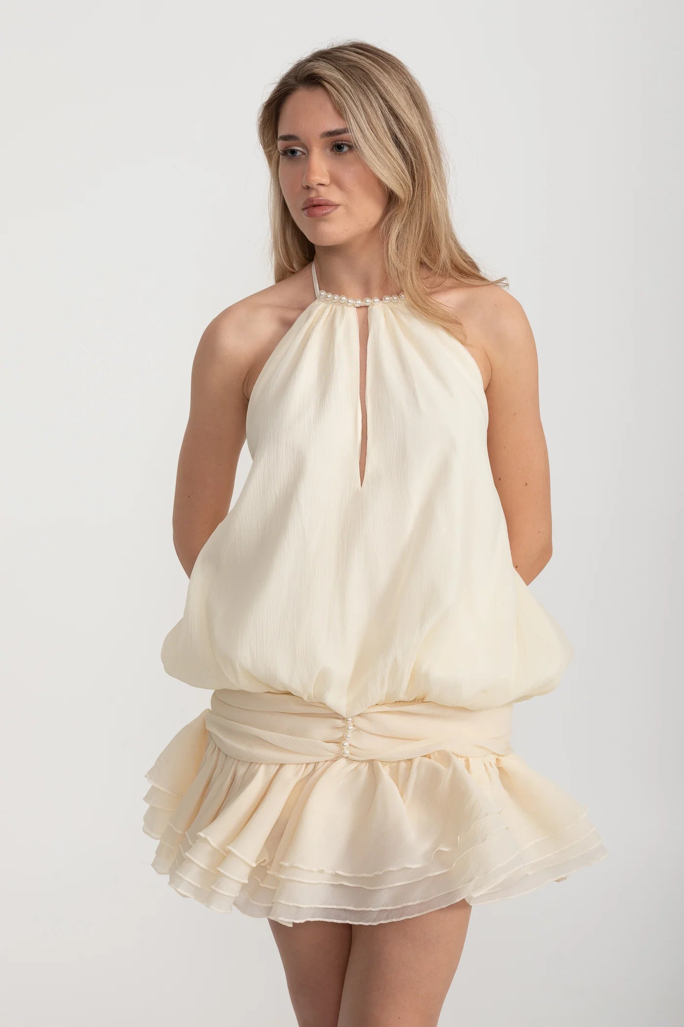 Halter Mini Dress with Pearl Neckline and Layered Ruffle Skirt - Ivoire
