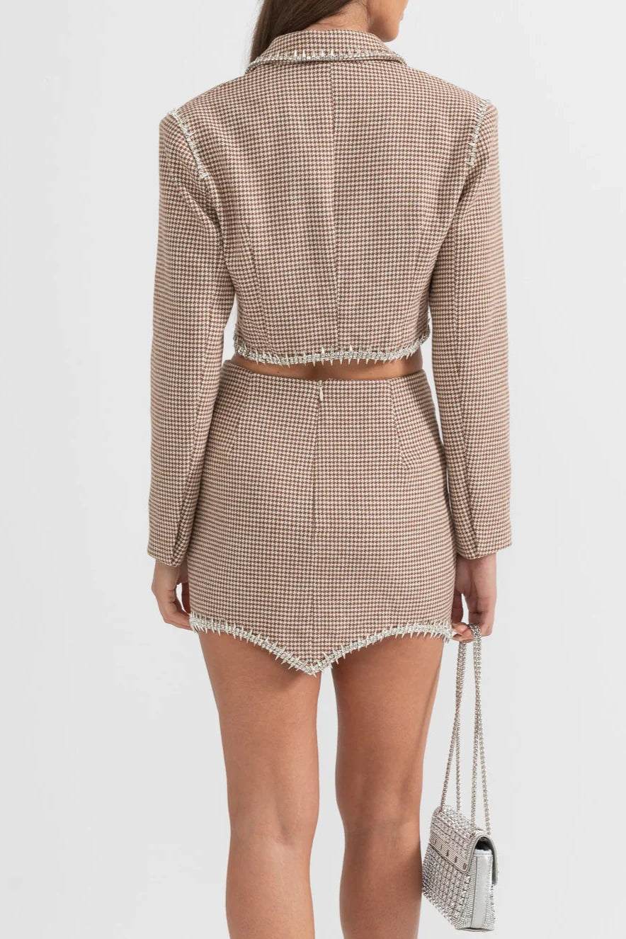 Elegant Houndstooth 2 Piece Set With Metal Spikes Detailing - Brown And Beige