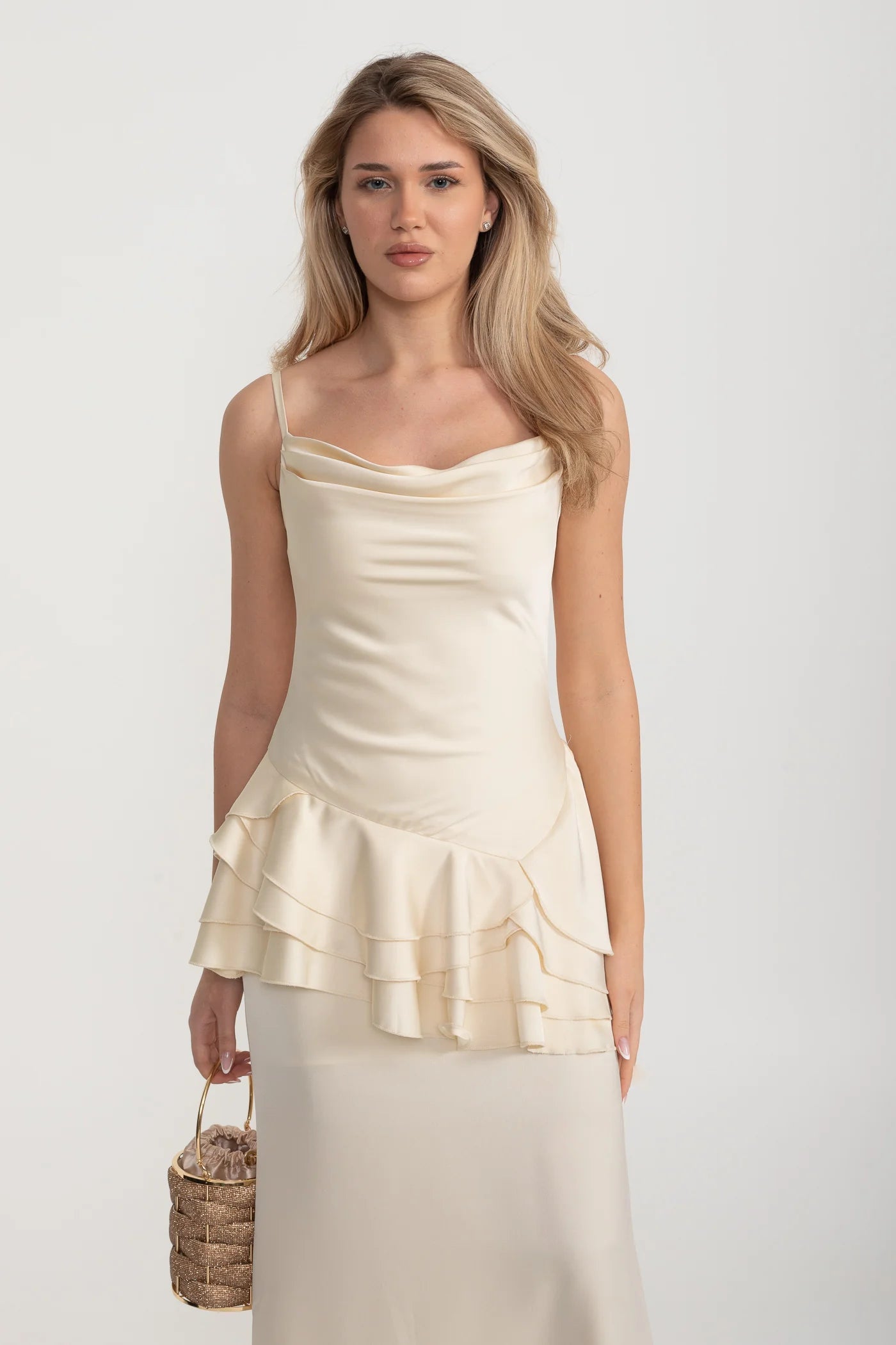Spaghetti Strap Satin Maxi Dress with Asymmetric Ruffles - Ivoire