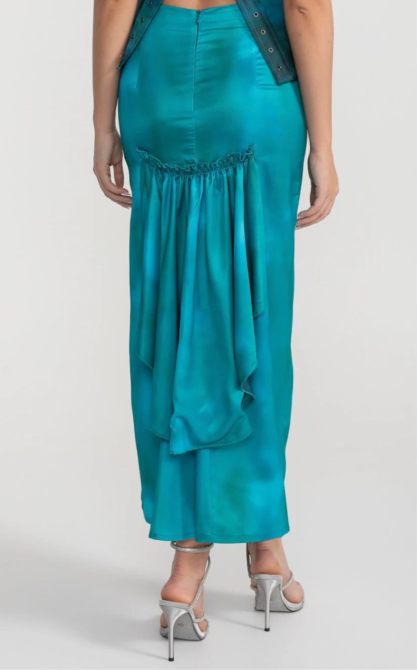 Strapless Corset Satin Set With Front Button Detail And Matching Skirt - Turquoise