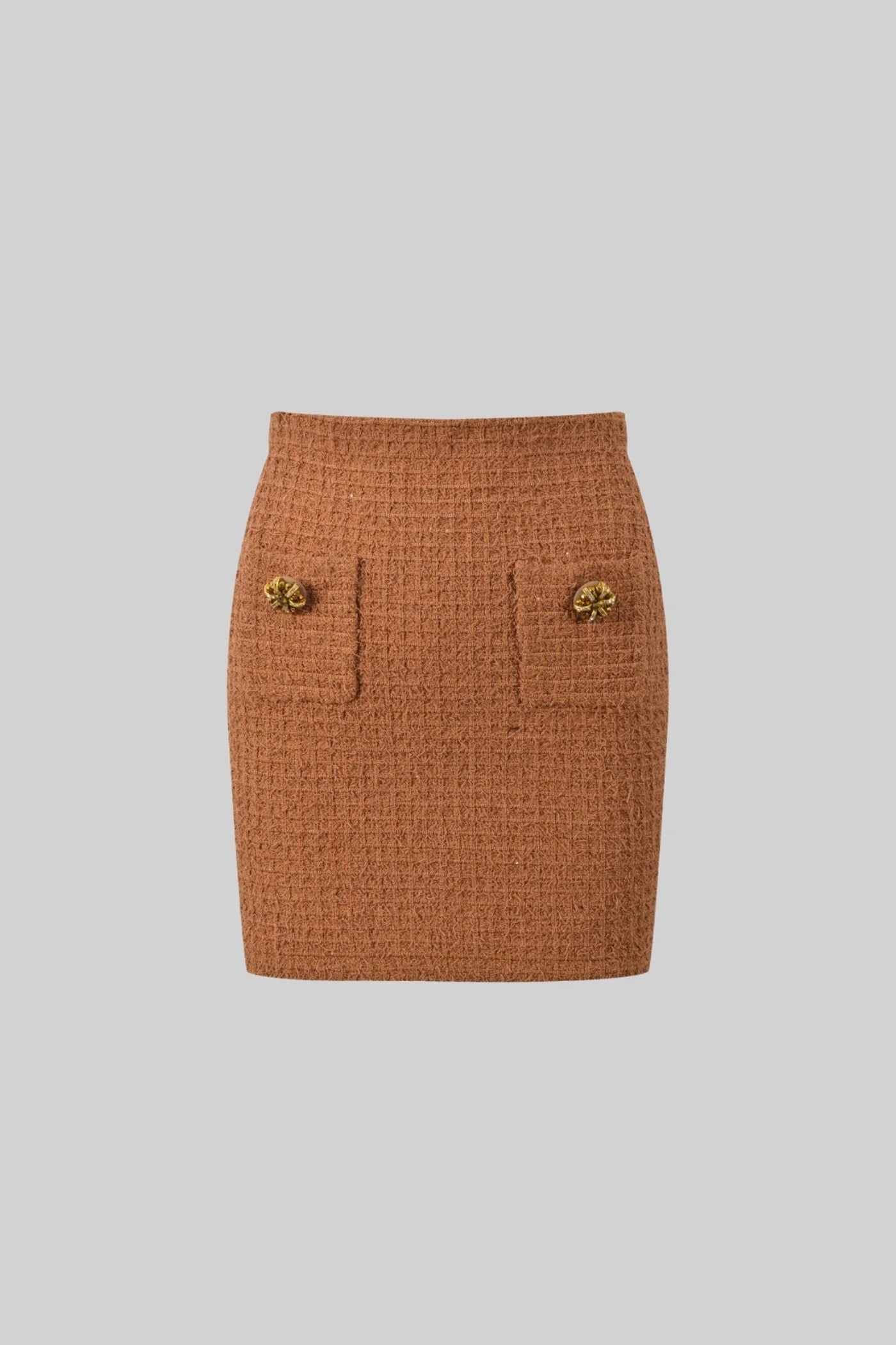 Knitted Two Piece Ensemble With Tweed Jacket and Skirt Set - Brown