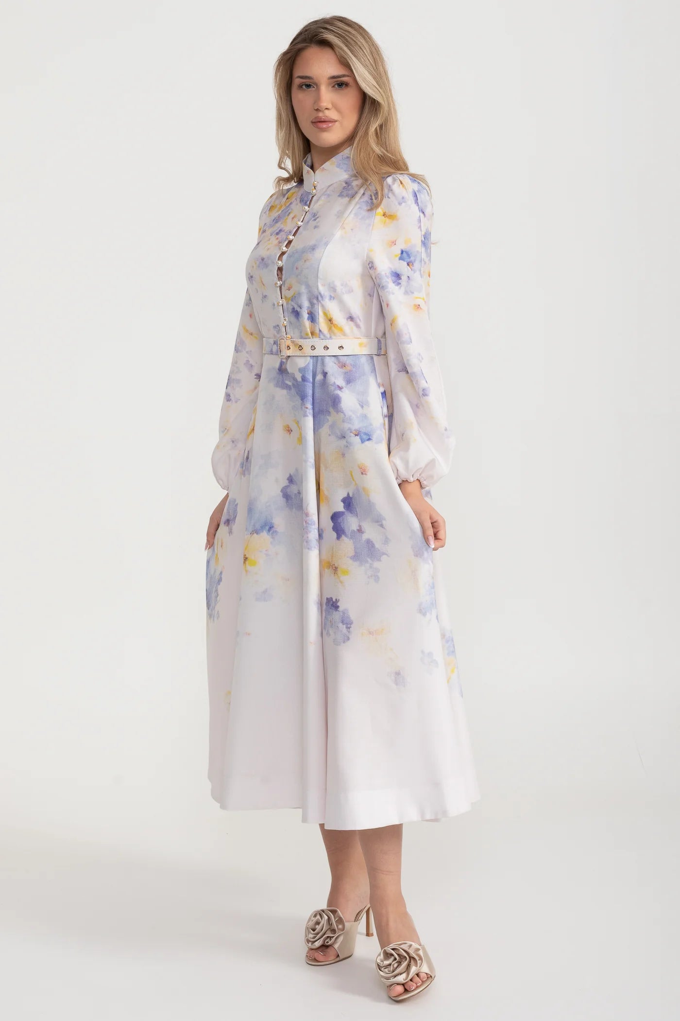 Watercolor Floral Belted Midi Dress with Mandarin Collar – Pastel Blue