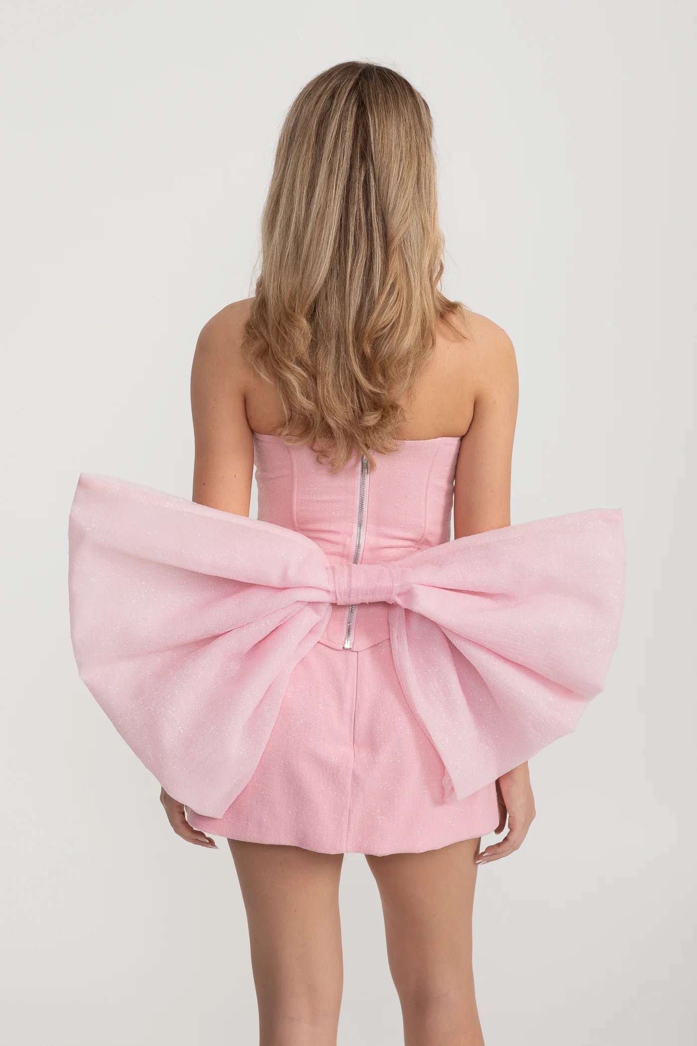 Strapless Mini Set with Crystal Trim and Oversized Bow - Pink
