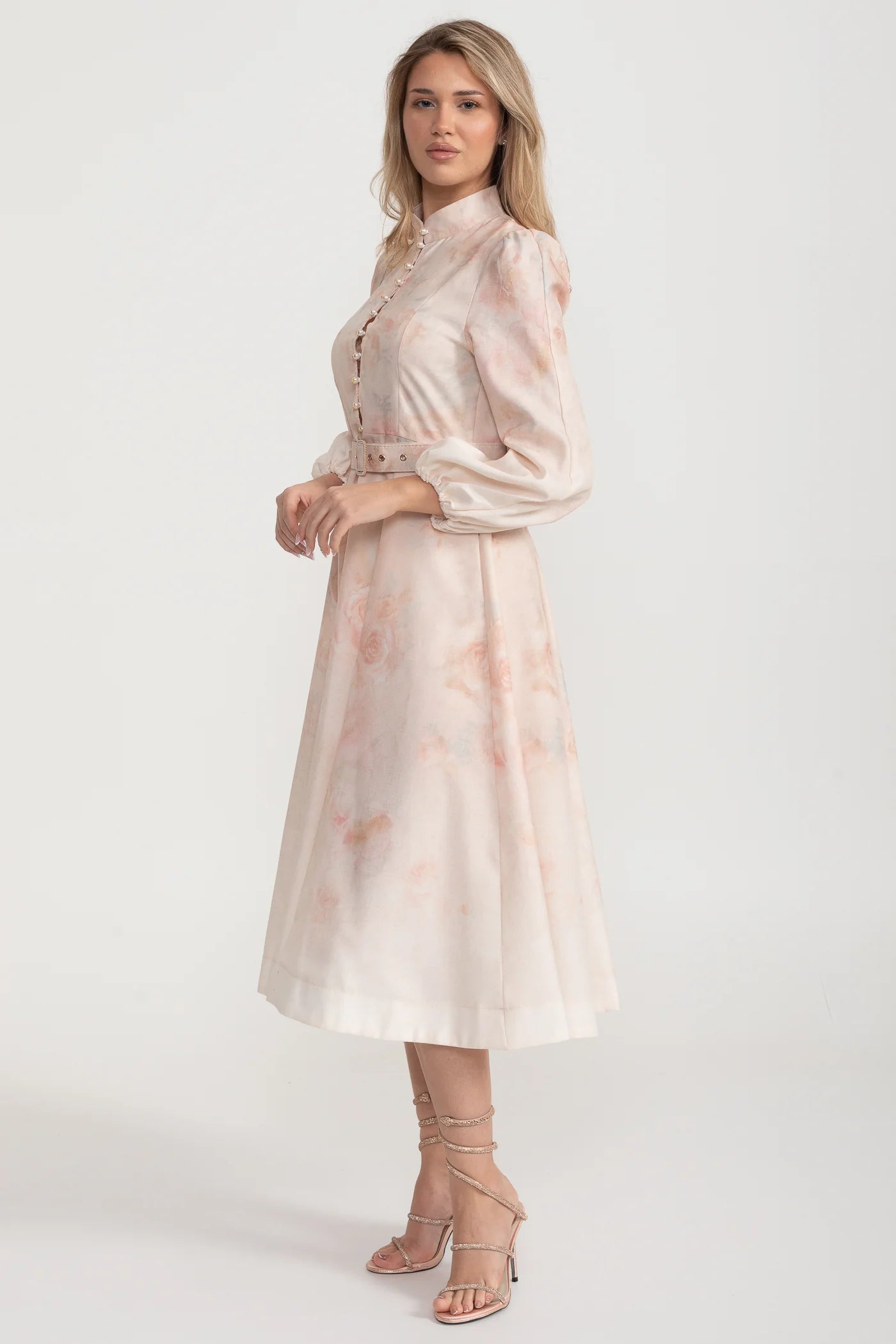 Watercolor Floral Belted Midi Dress with Mandarin Collar – Blush