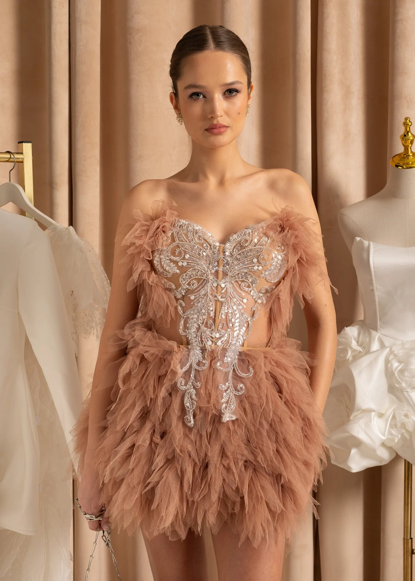 Elegant Feathered Co-Ord With Silver Sequin Motif - Beige