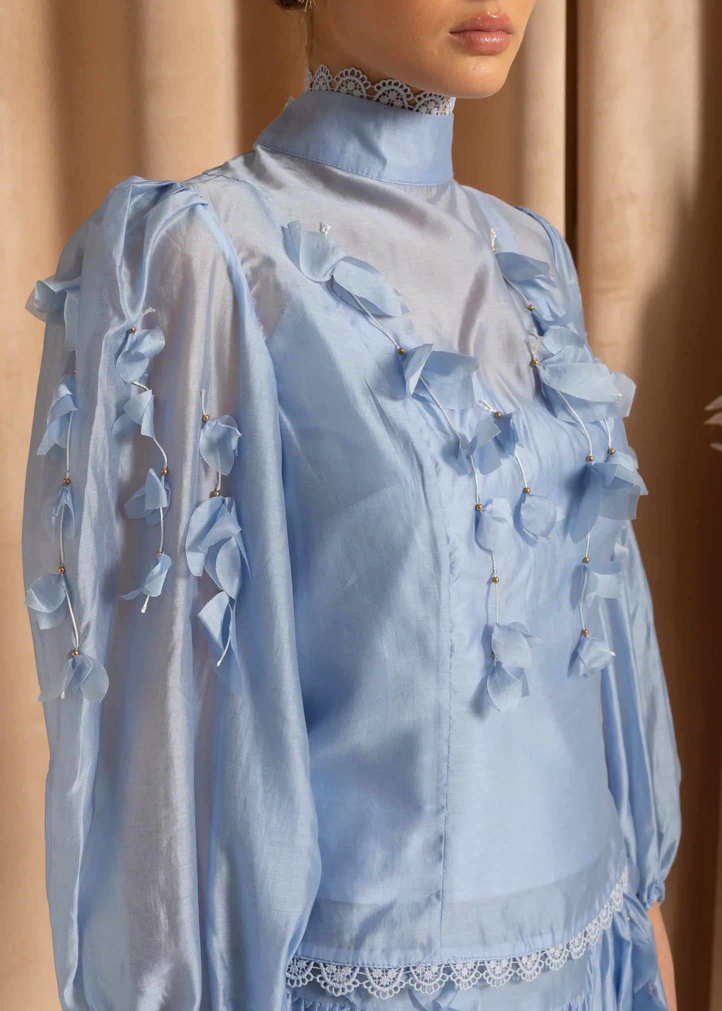 Flower Co-Ord With High Neckline, Lace And Adornments - Blue