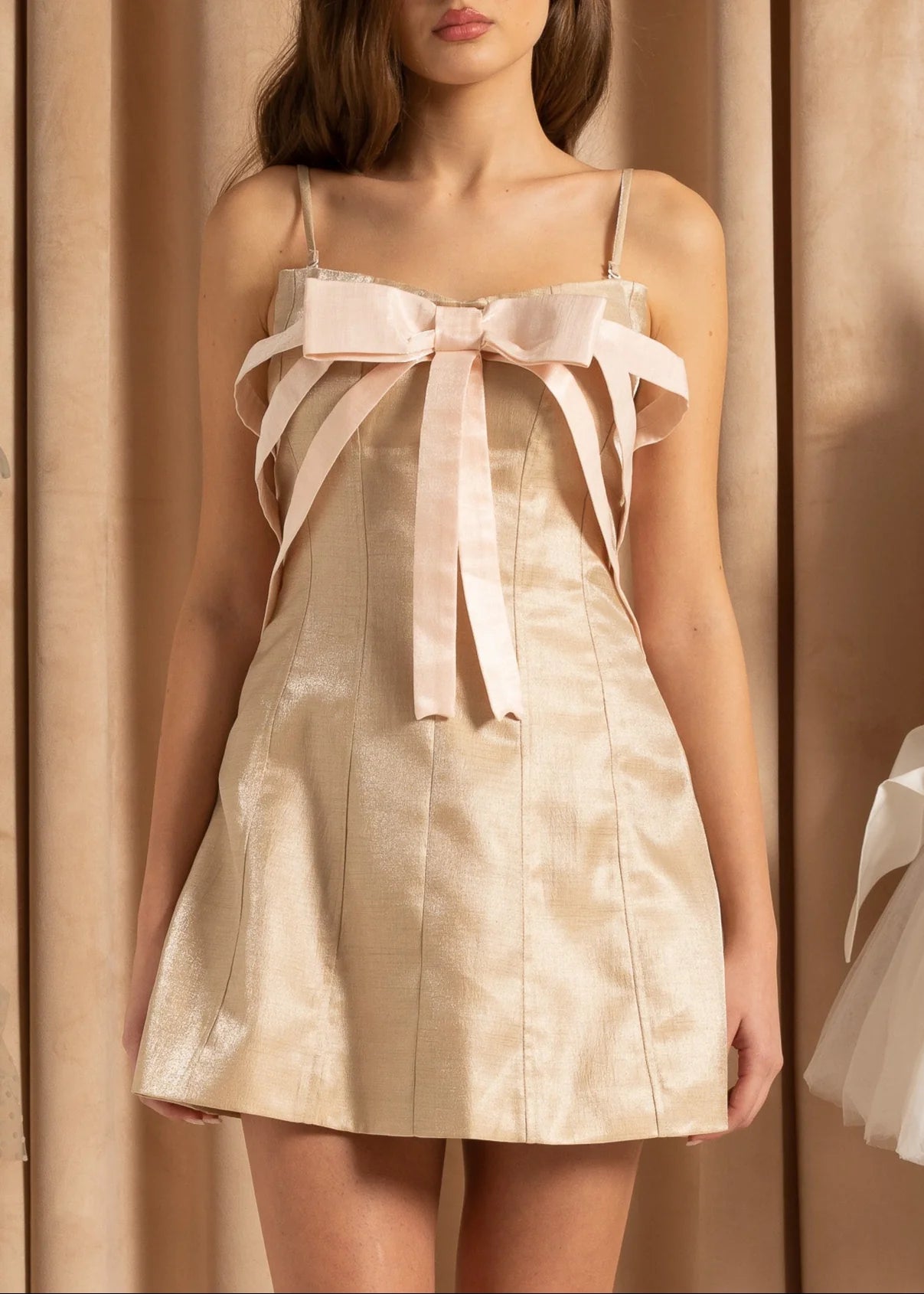 Shimmer Mini Dress With Decorative Front Bow - Beige