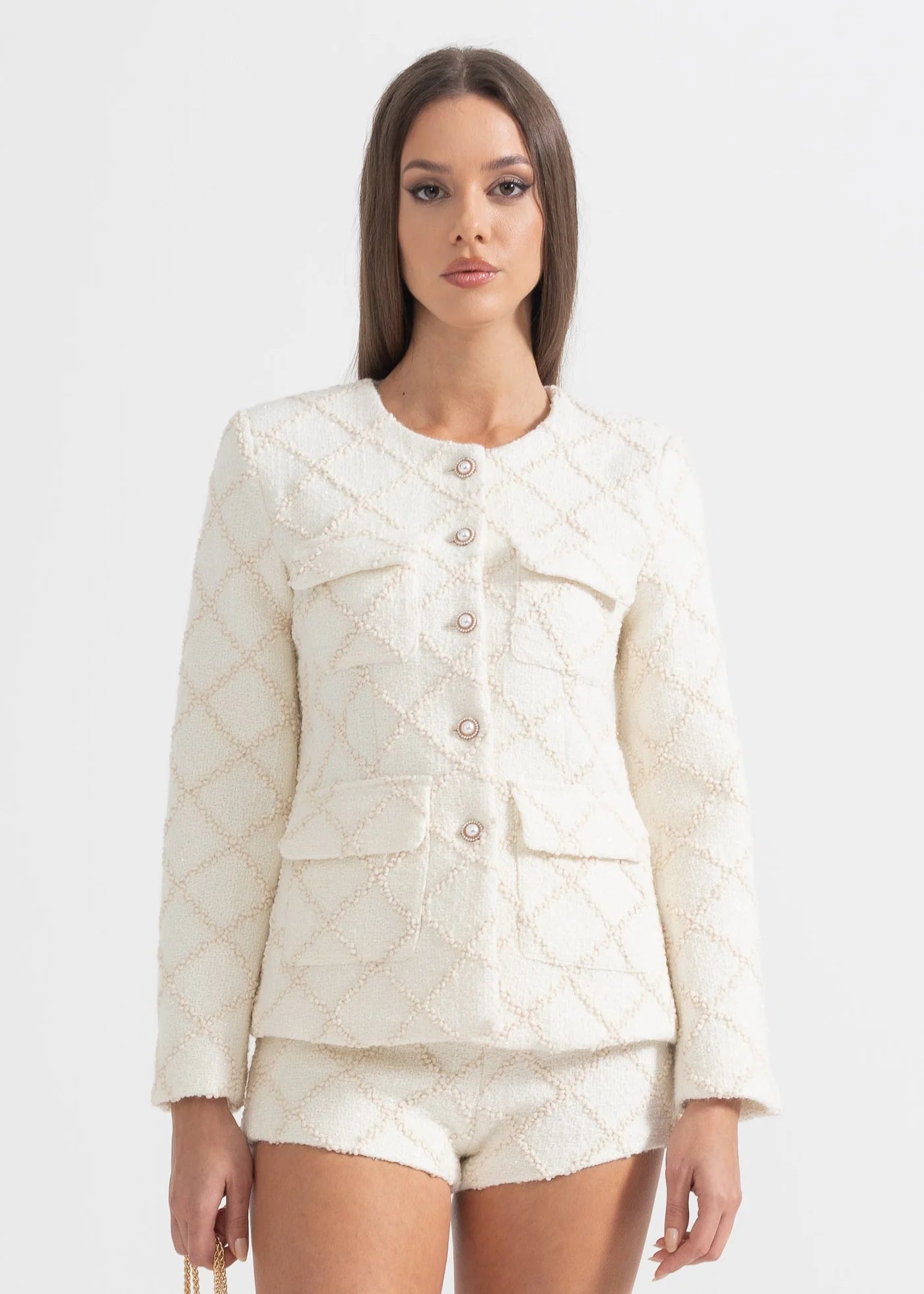 Diamond Patterned Jacket With Matching Shorts - Ivoire
